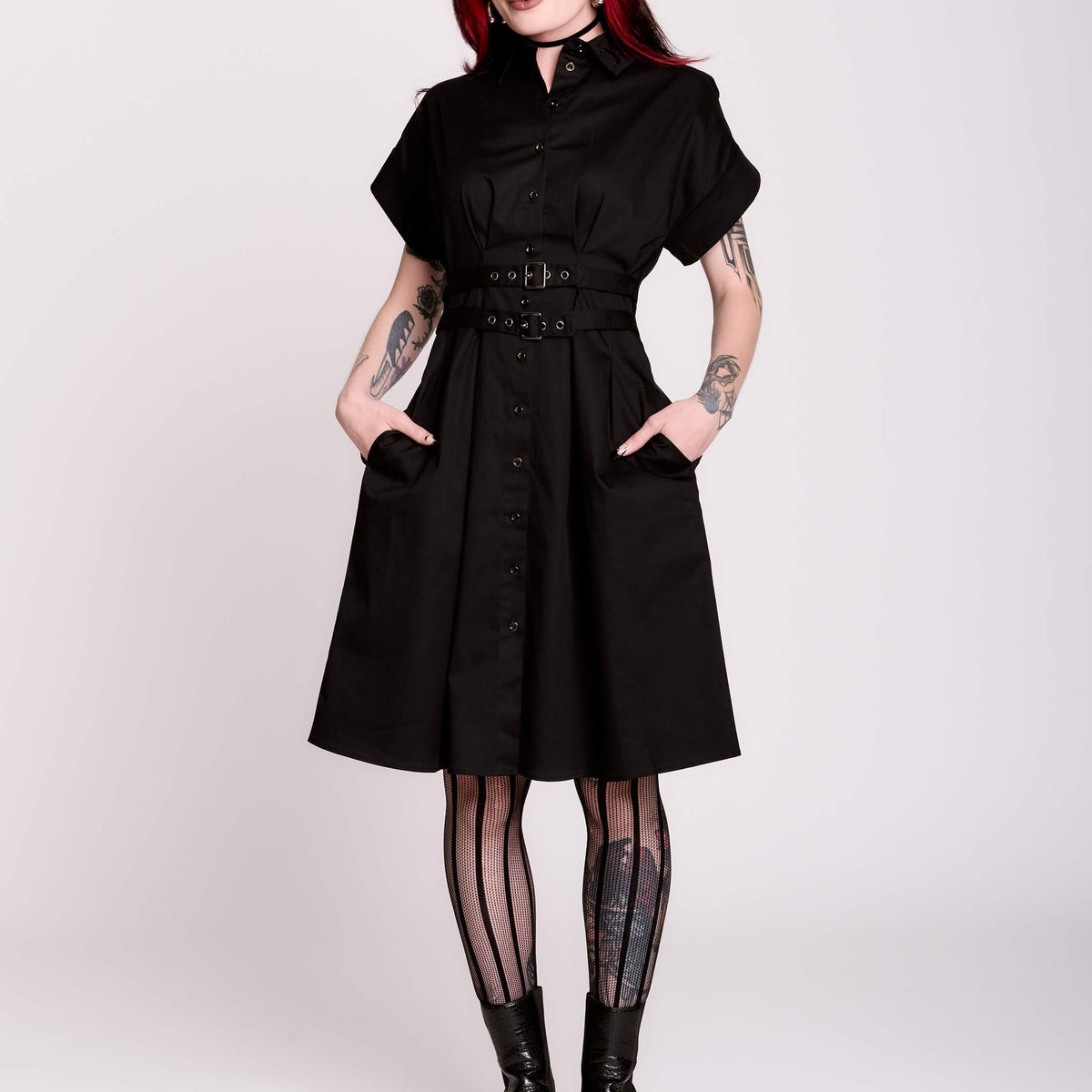 Buckle Midi Dress – Black Button-Front Corporate Goth Midi Dress by  Midnight Hour – Midnight Hour