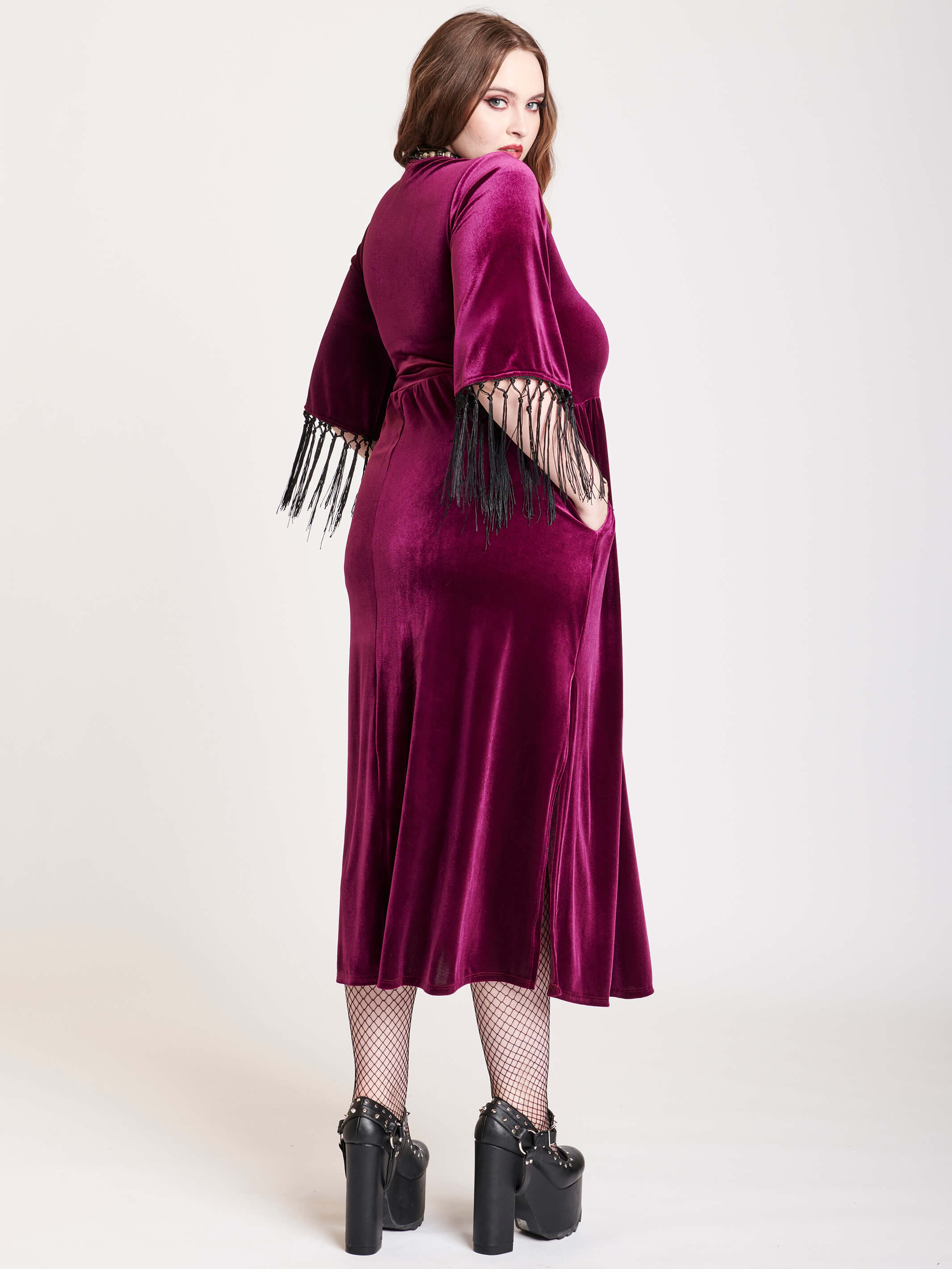 burgundy velvet dress with fringe at cleeve hem