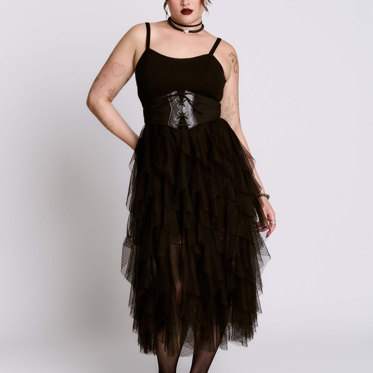 cascading ruffle lace dress Amarra 89465 - Long Satin, Sheath intricate sheer lace detailing Cascade Ruffle Dress Midnight