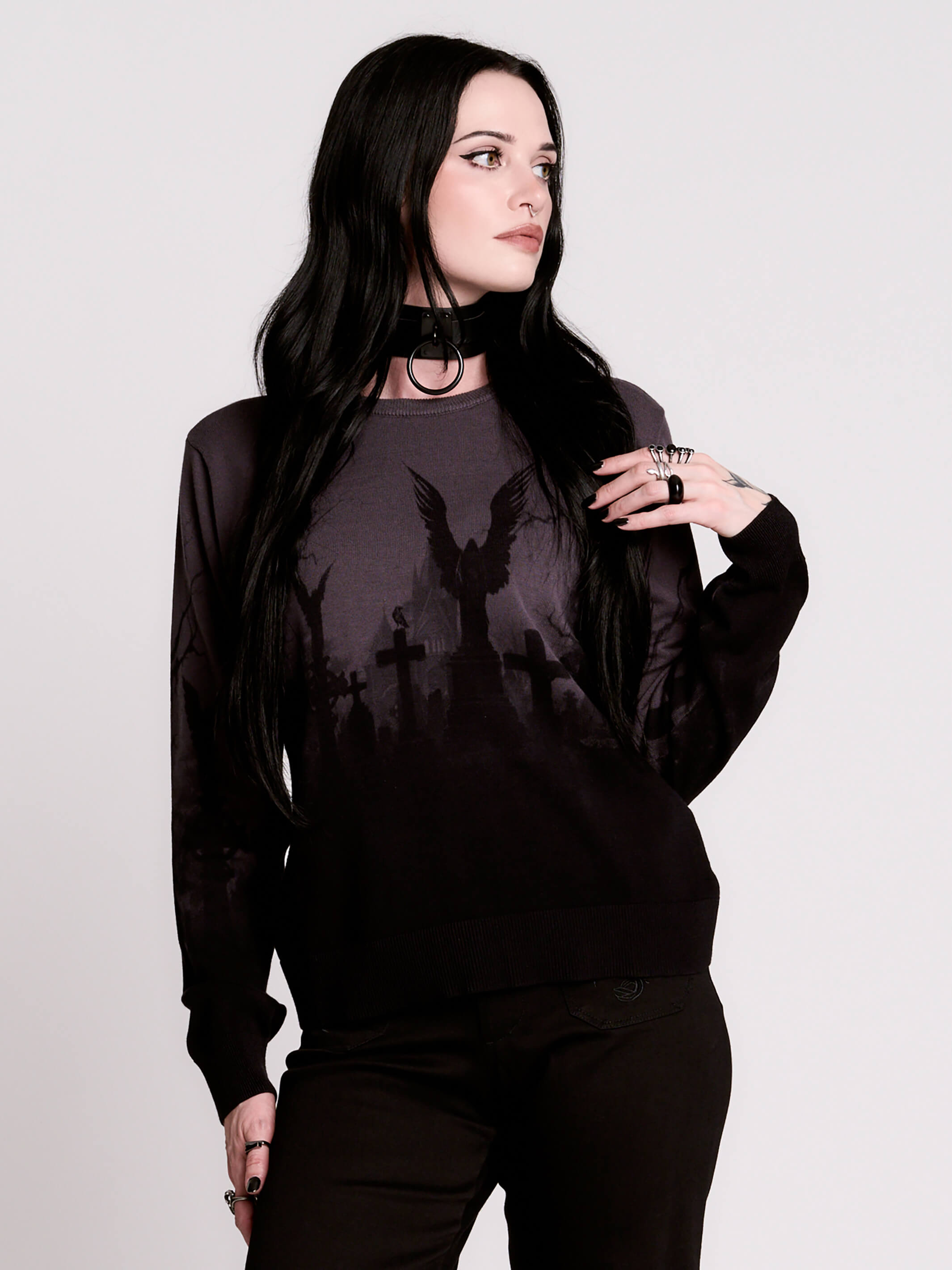 cemetery silhouette and a winged angel statue—spans the chest and sleeves, with a moody light charcoal ombré fade into deep black.