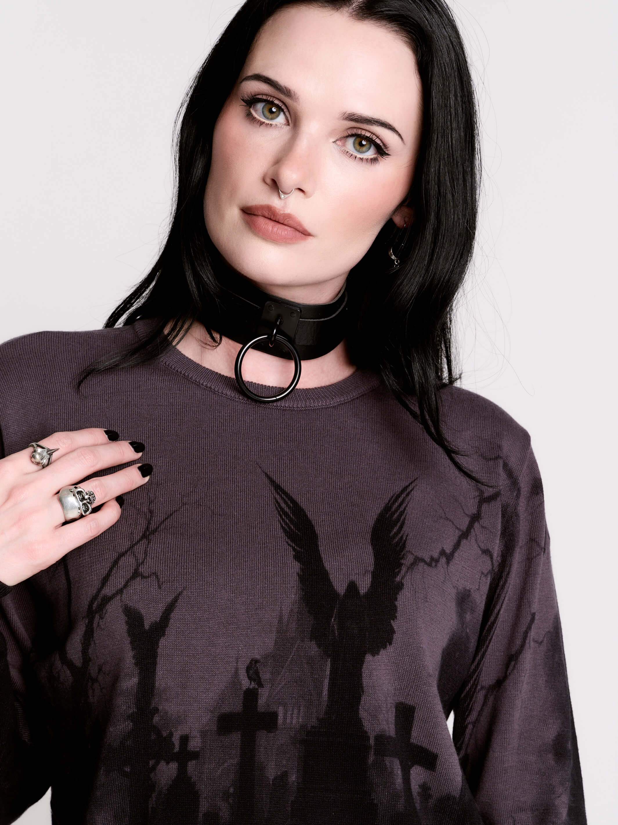 cemetery silhouette and a winged angel statue—spans the chest and sleeves, with a moody light charcoal ombré fade into deep black.