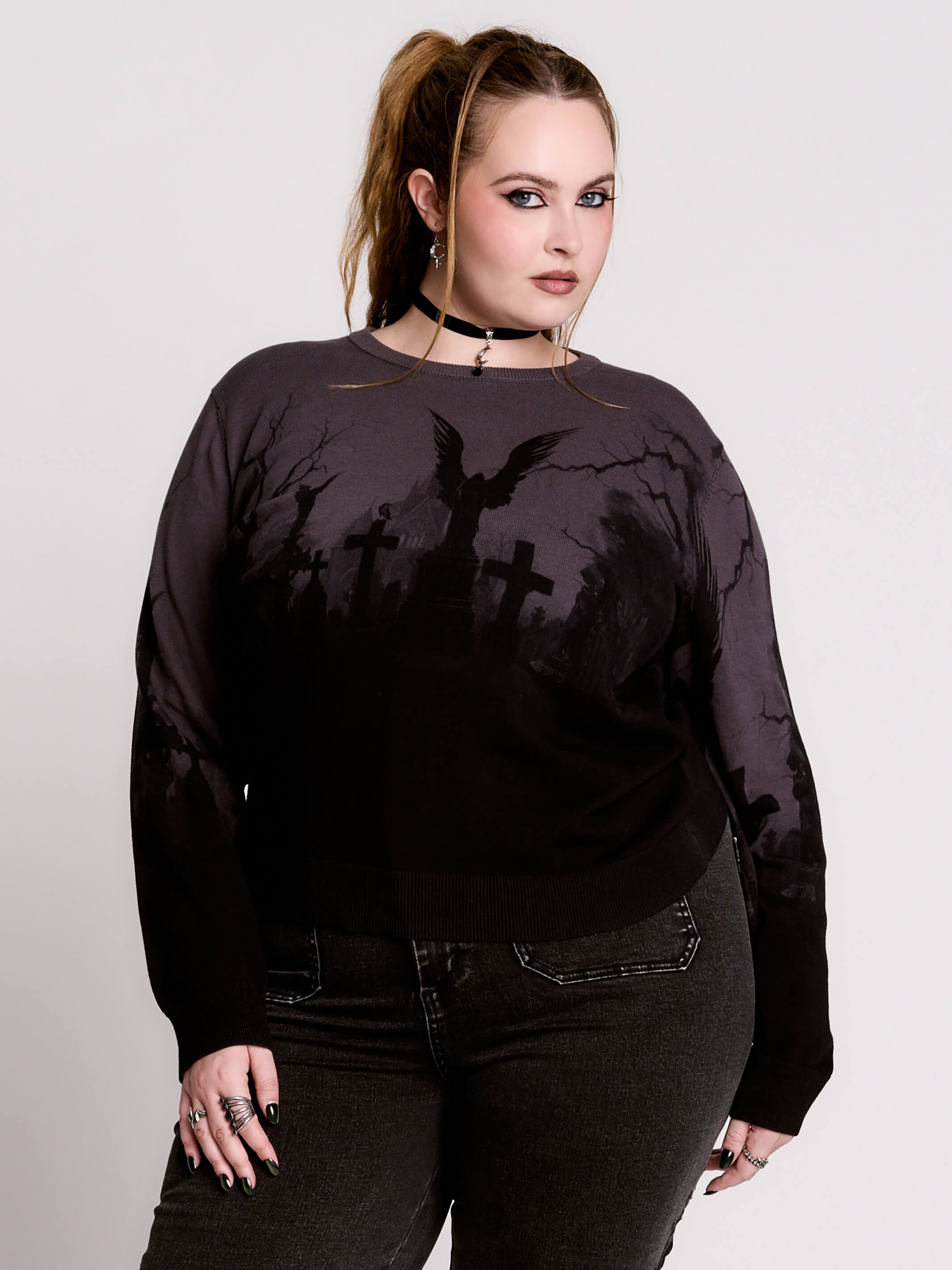 cemetery silhouette and a winged angel statue—spans the chest and sleeves, with a moody light charcoal ombré fade into deep black.