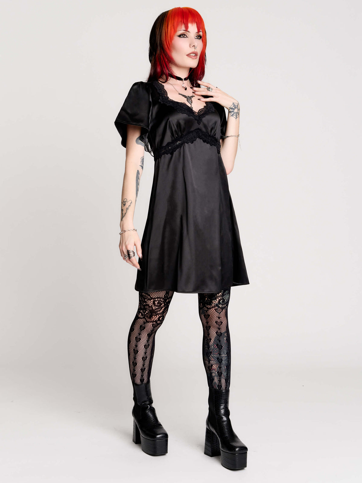 black satin short-sleeve dress with lace trim