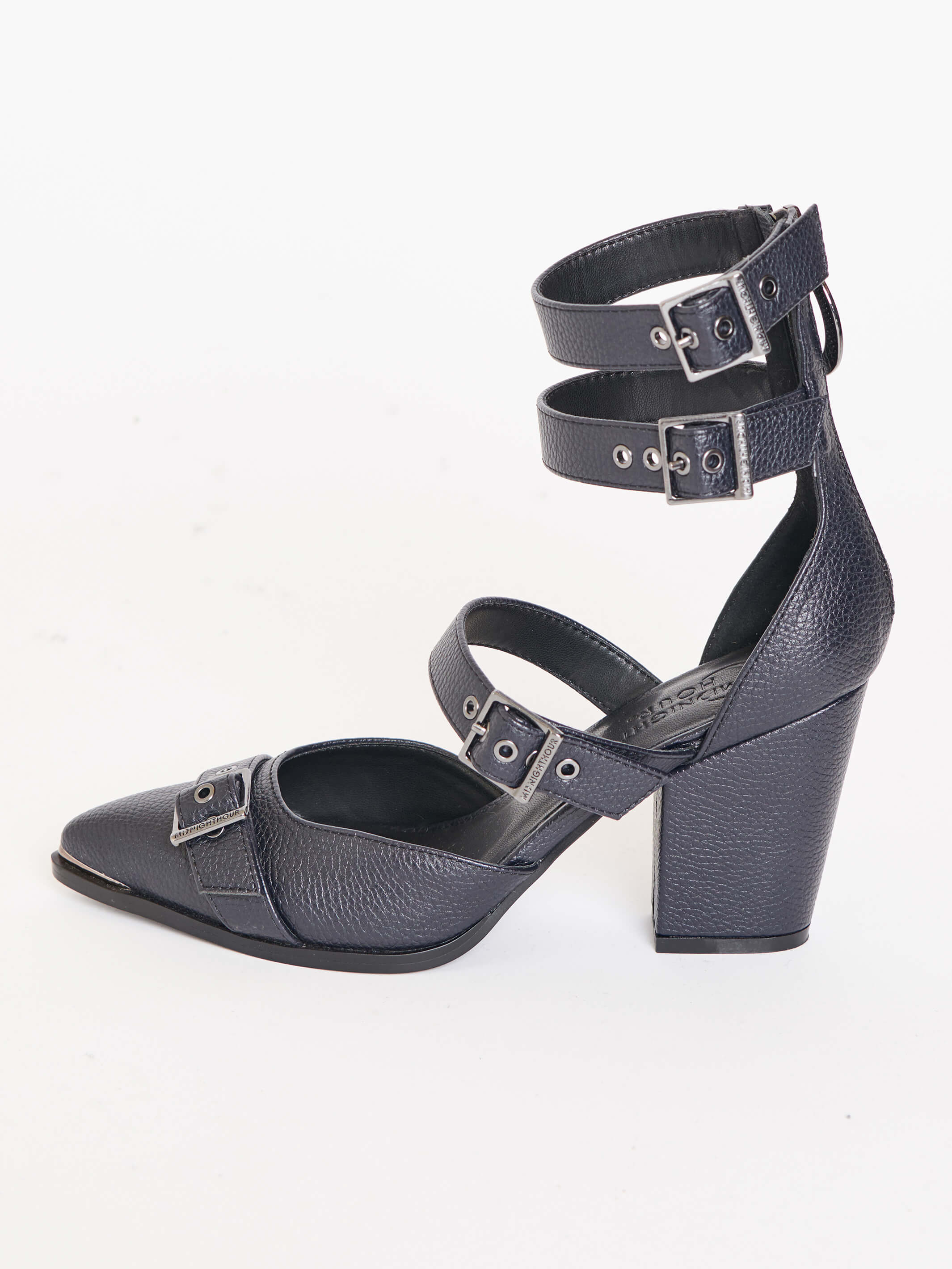 pointed toe block heels with buckle details and back zipper