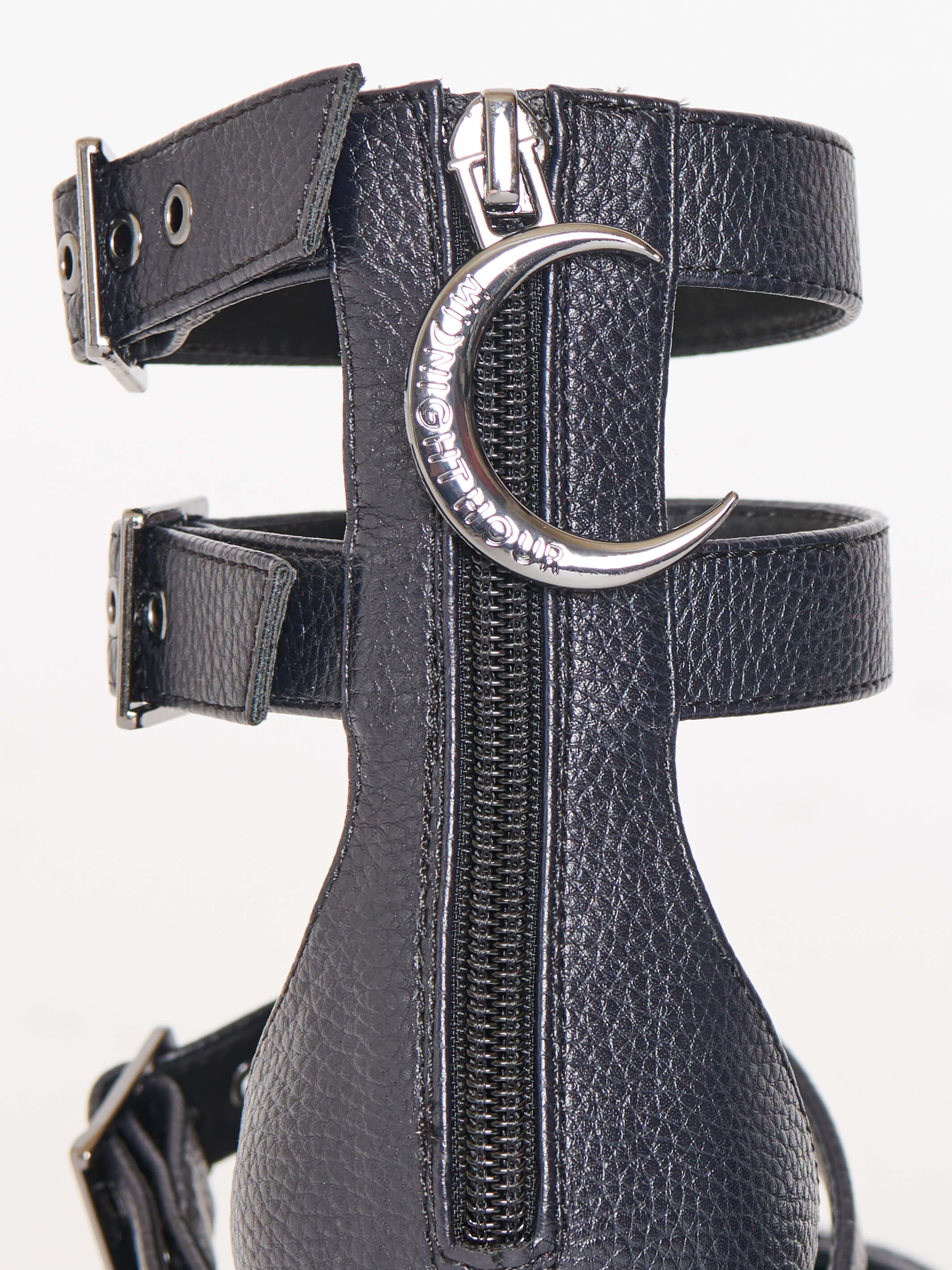 pointed toe block heels with buckle details and back zipper