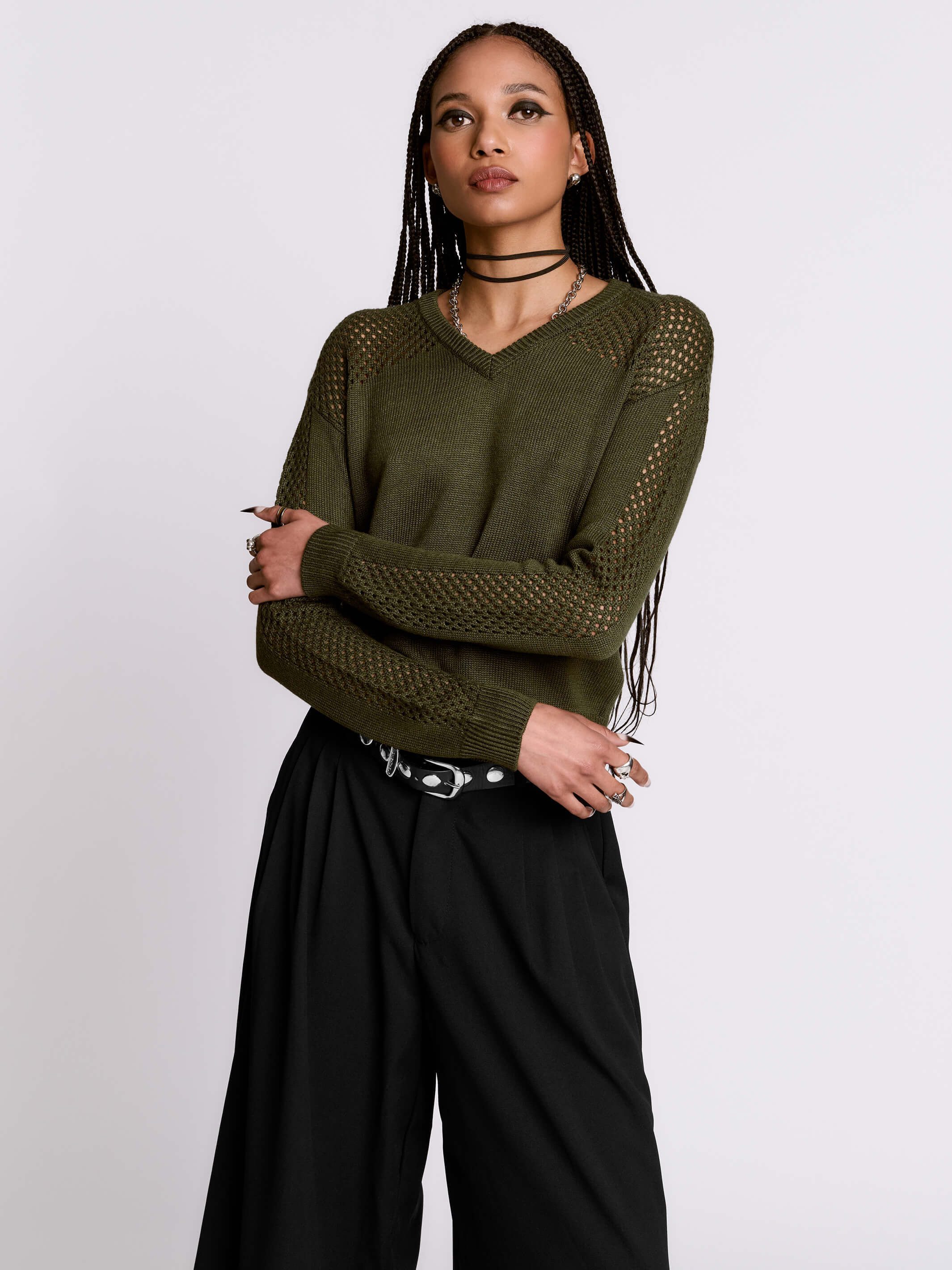 Army Green Fishnet Sweater
