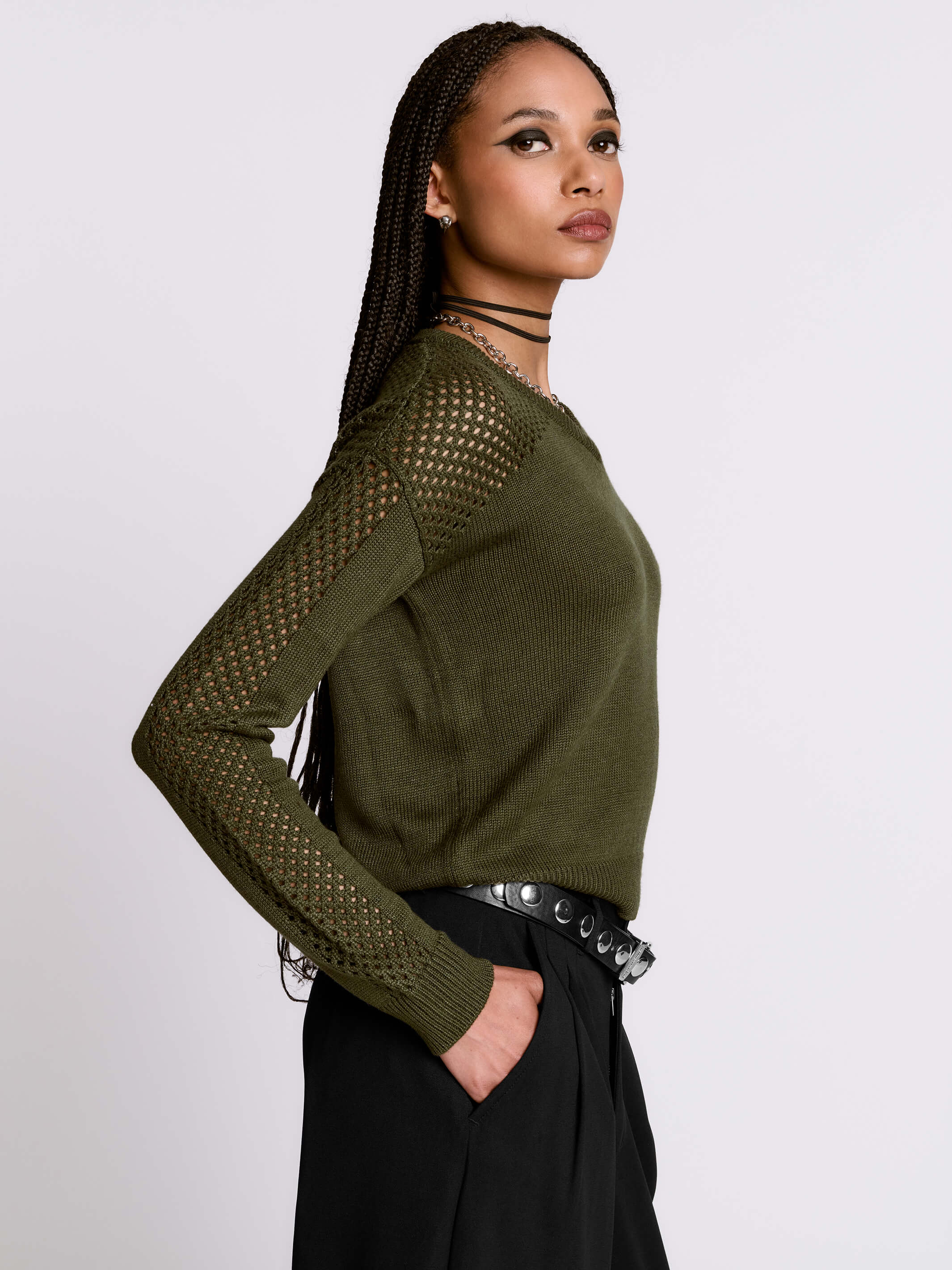 Army Green Fishnet Sweater