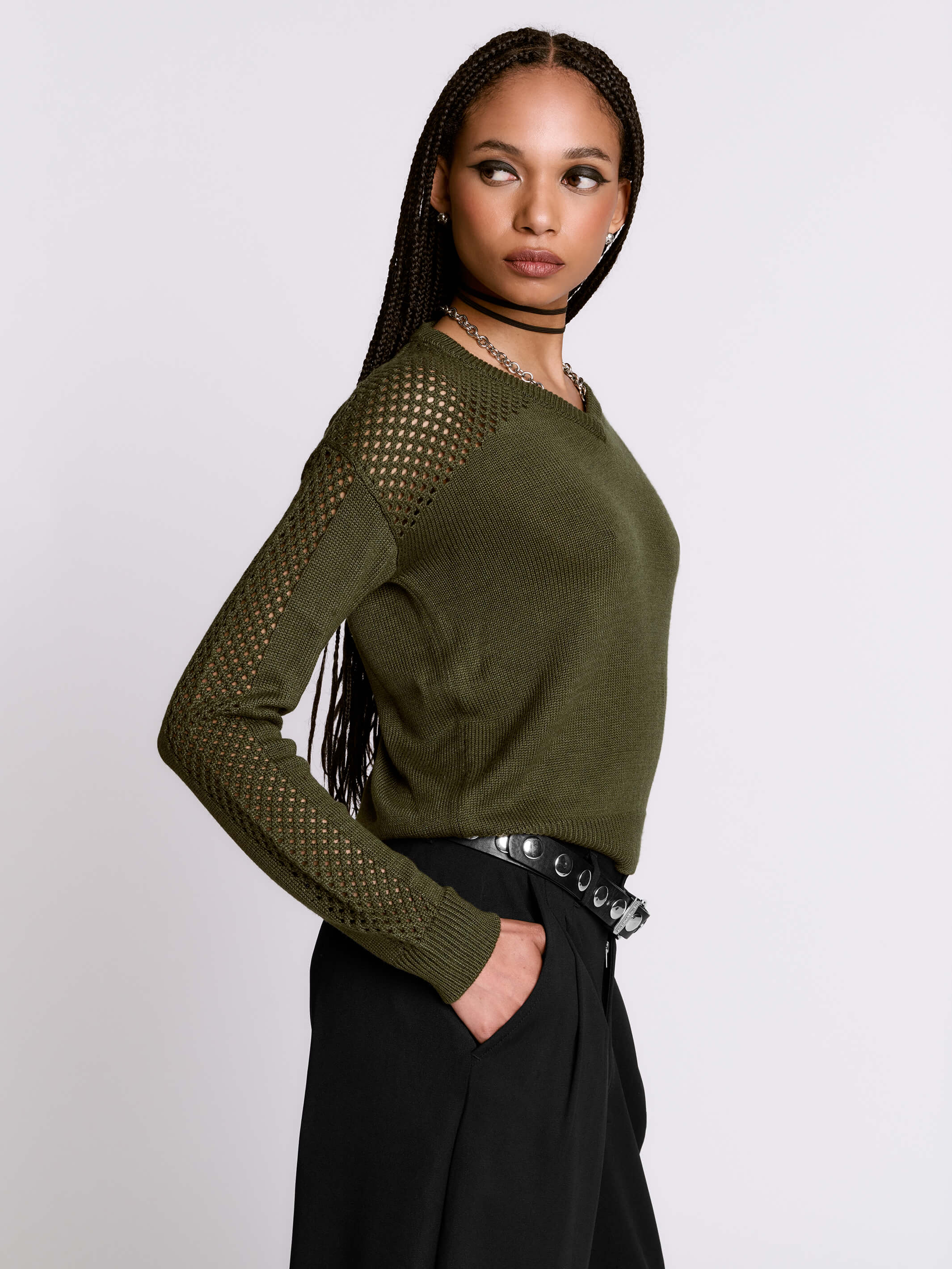 Army Green Fishnet Sweater