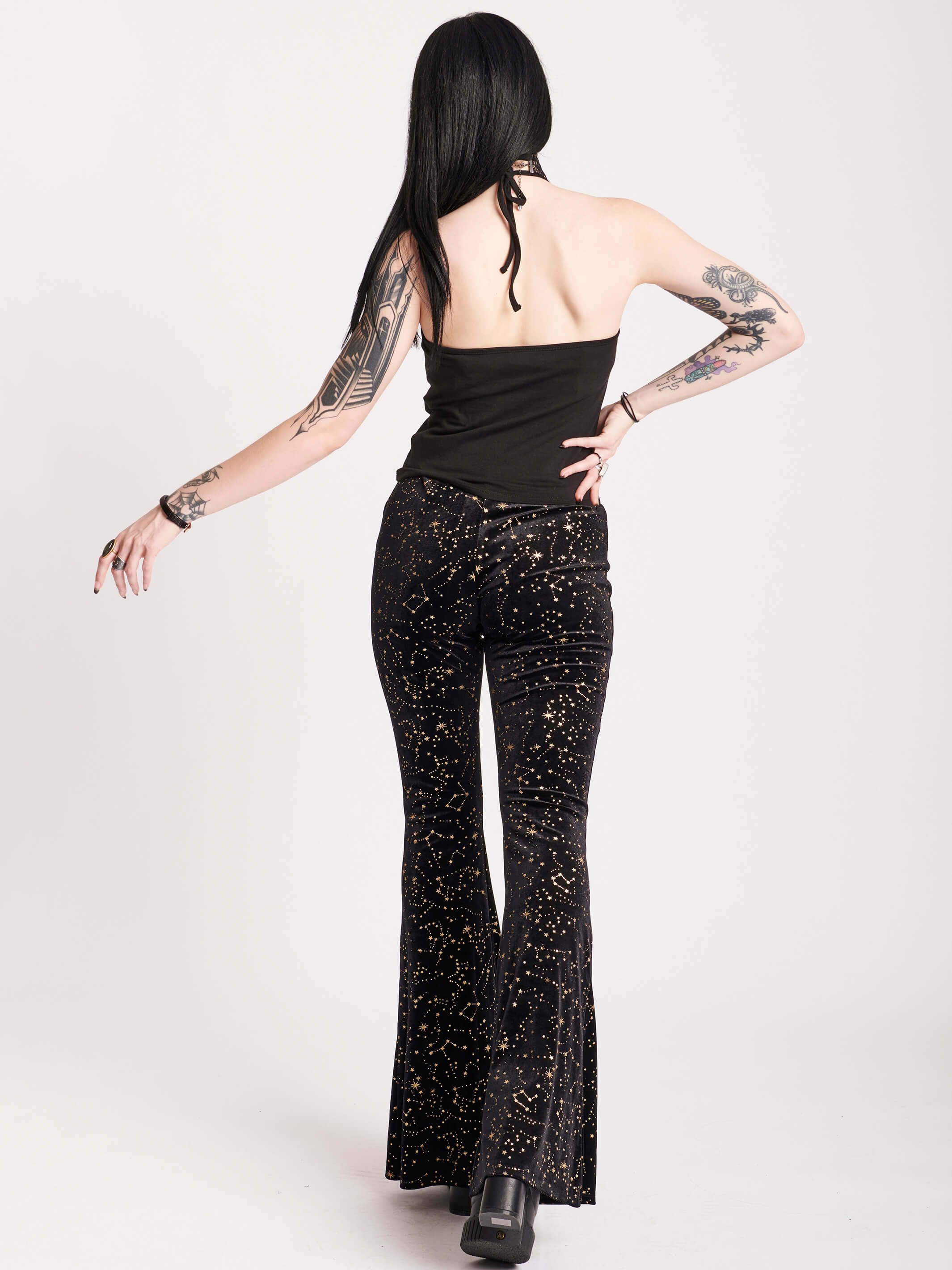 halter with lace and gold foil graphics