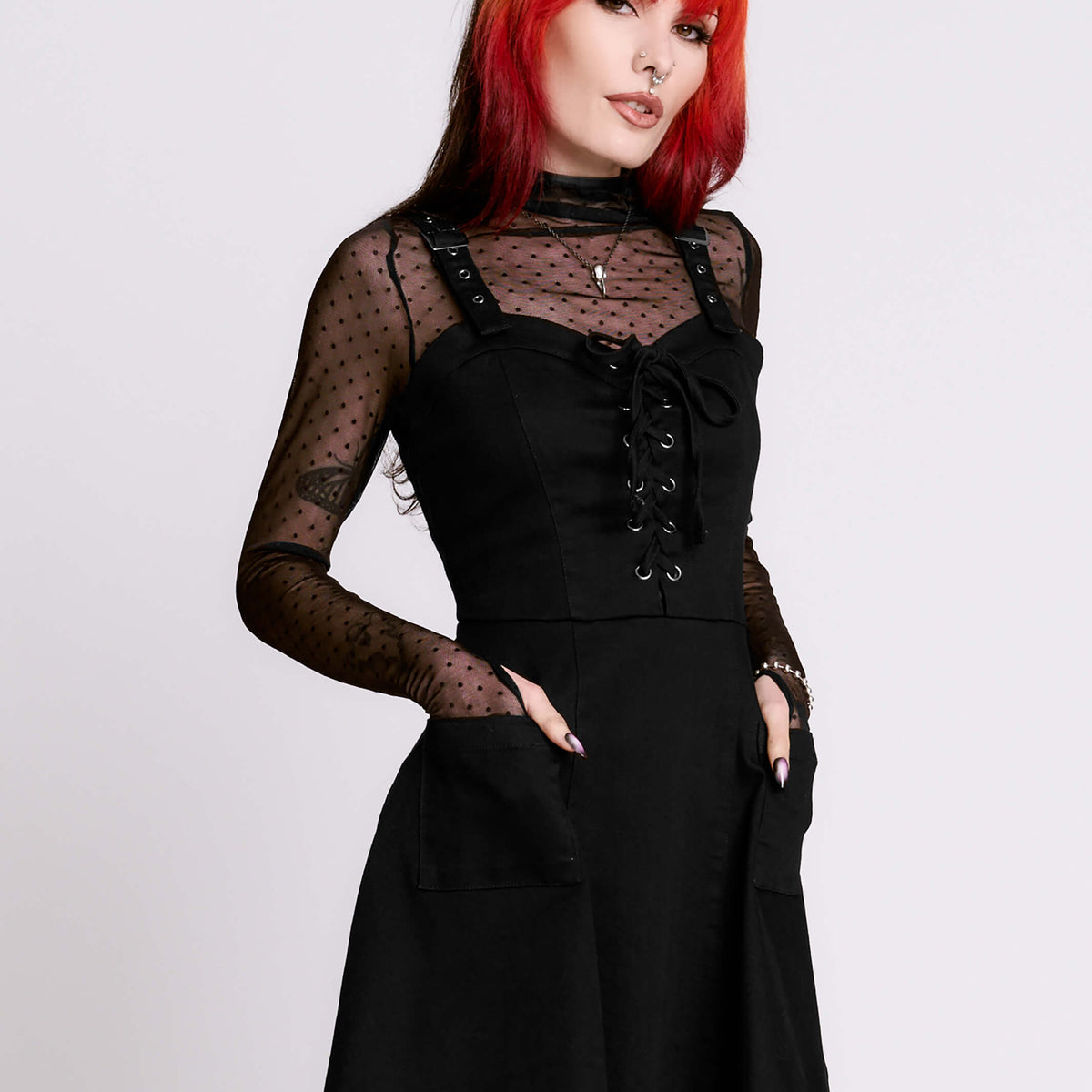 Lace Up Denim Dress in Black