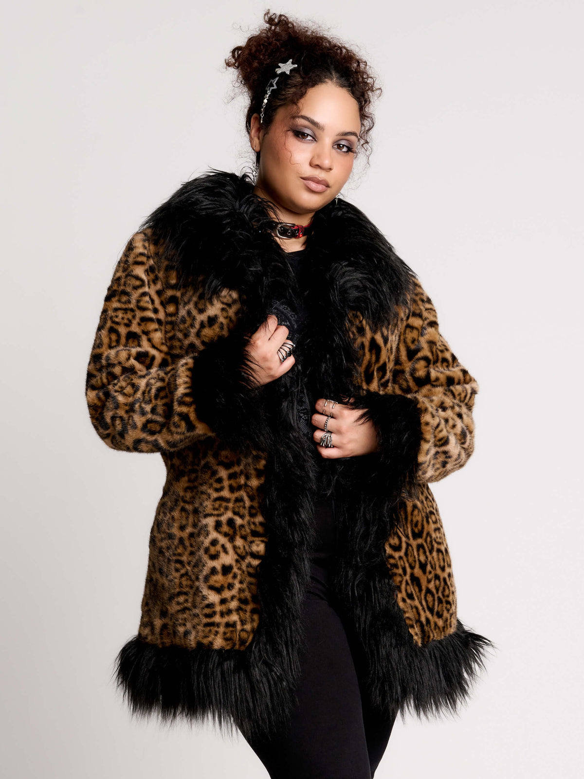 leopard print coat with black faux fur trim