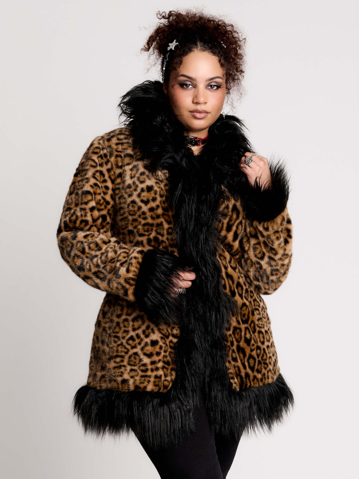 leopard print coat with black faux fur trim