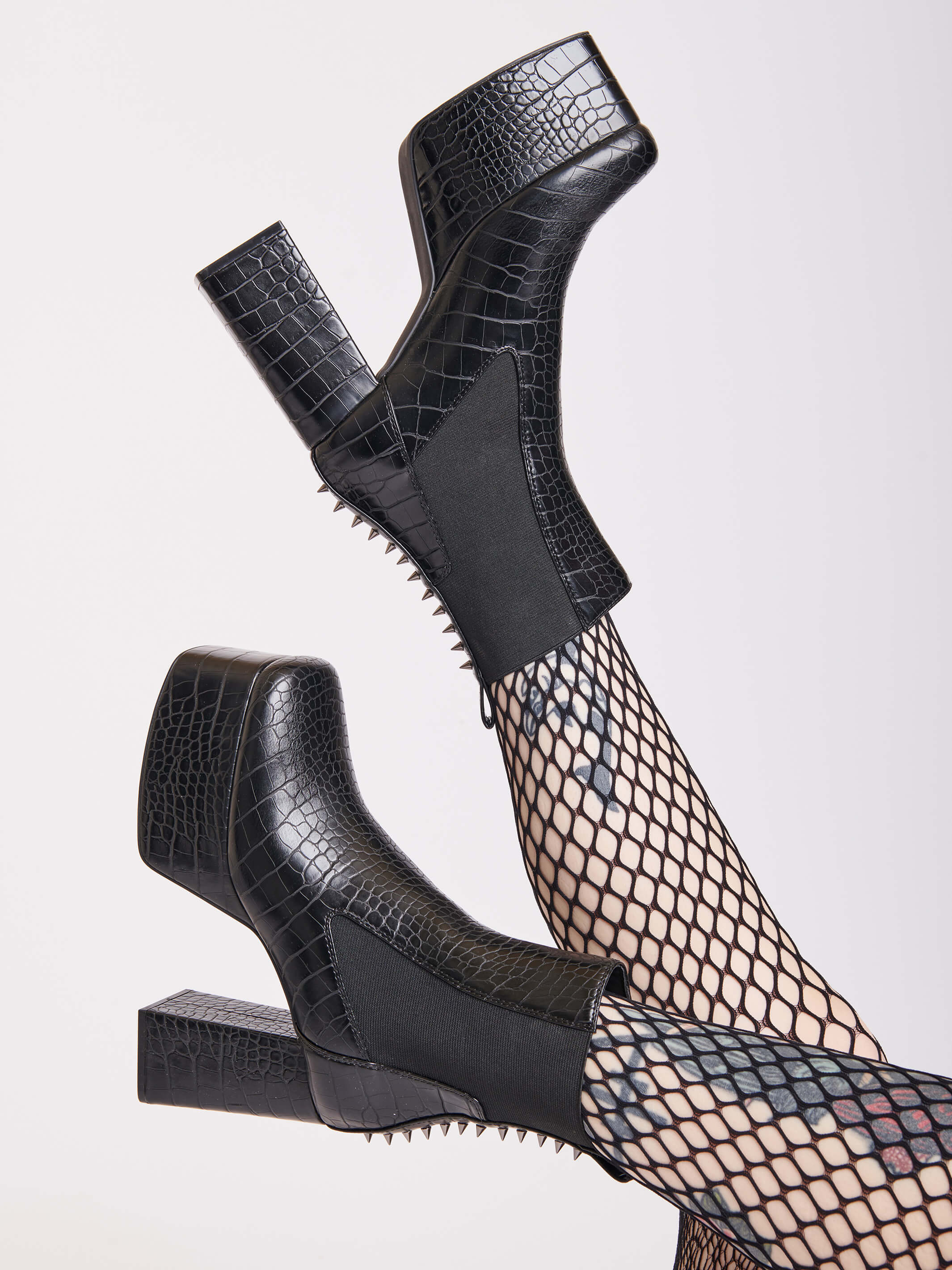 faux croc skin platform boots with spikes down the back