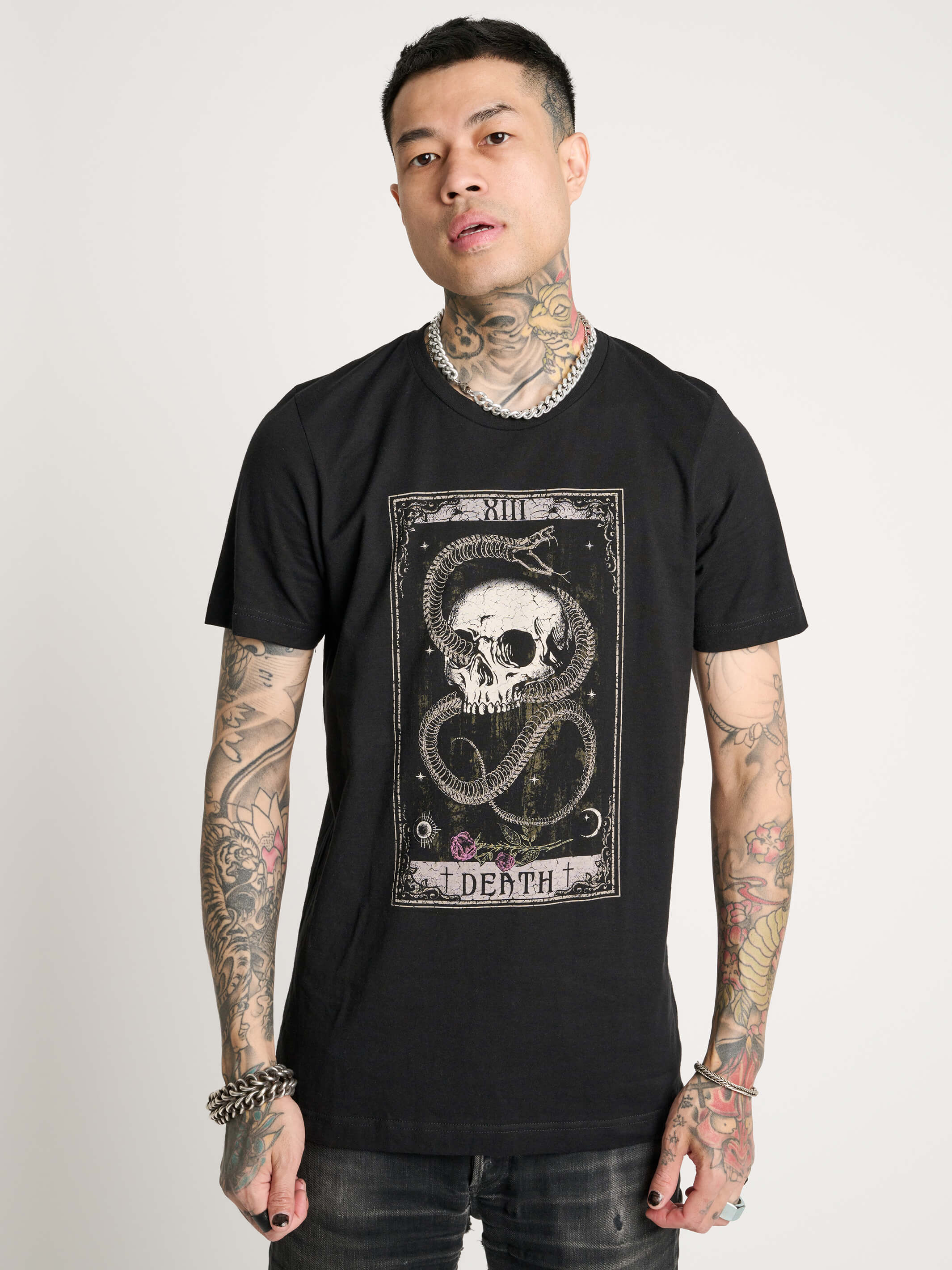 SKELETON SNAKE AND SKULL TAROT T-SHIRT