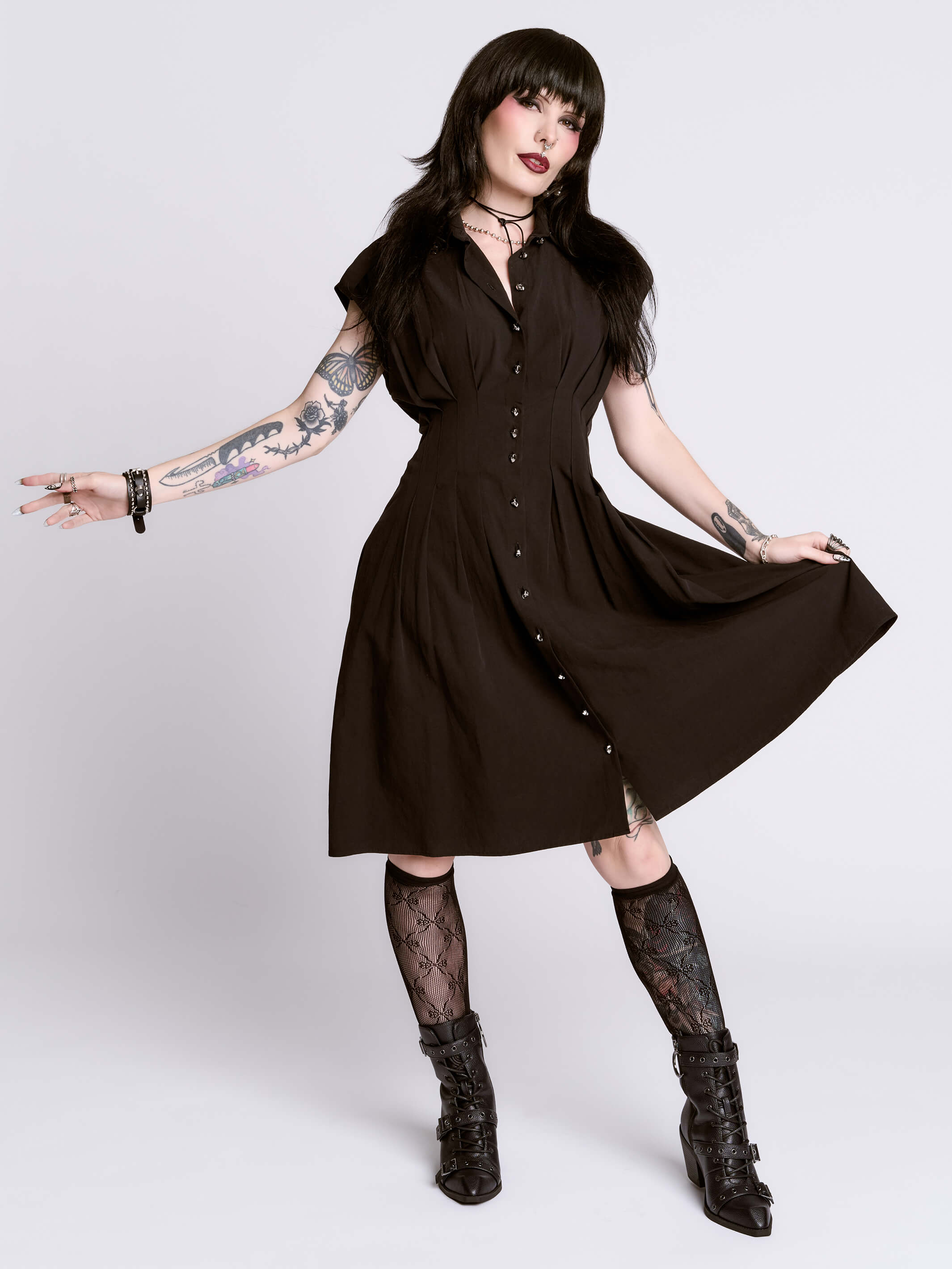 STUDDED SKULL BUTTON DRESS