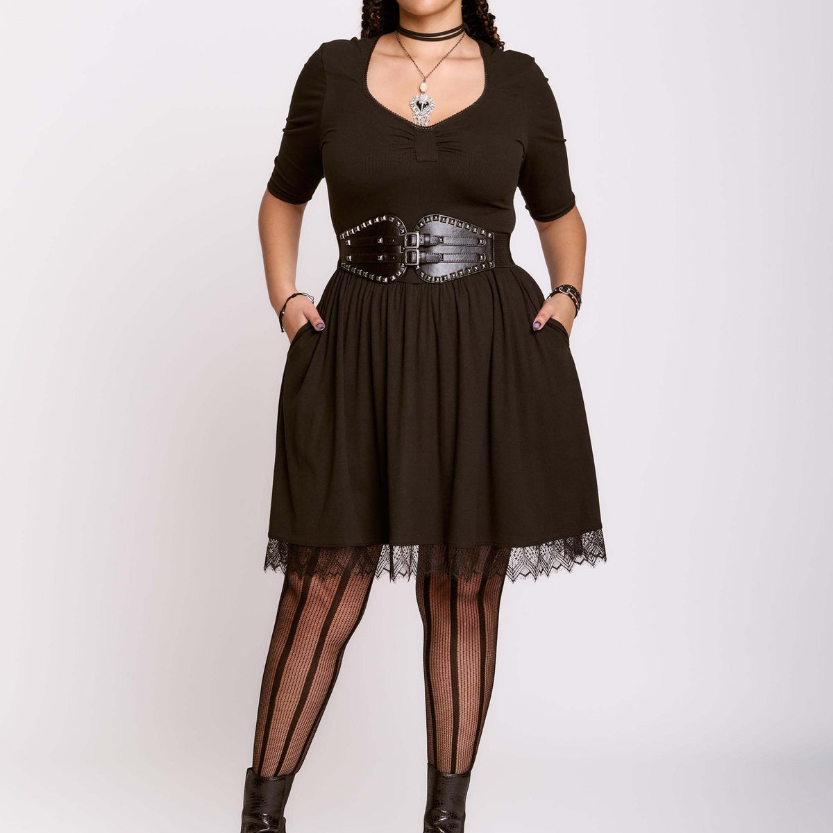 Plataz Plus Size Sweetheart Neck Long Sleeve Ribbed Dress DJPT