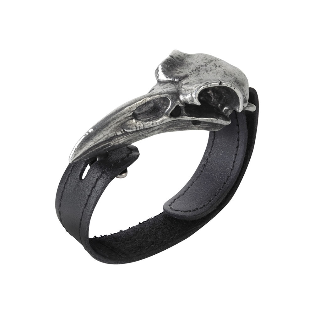 Black leather Wrist Strap with a metal Raven Skull clasp