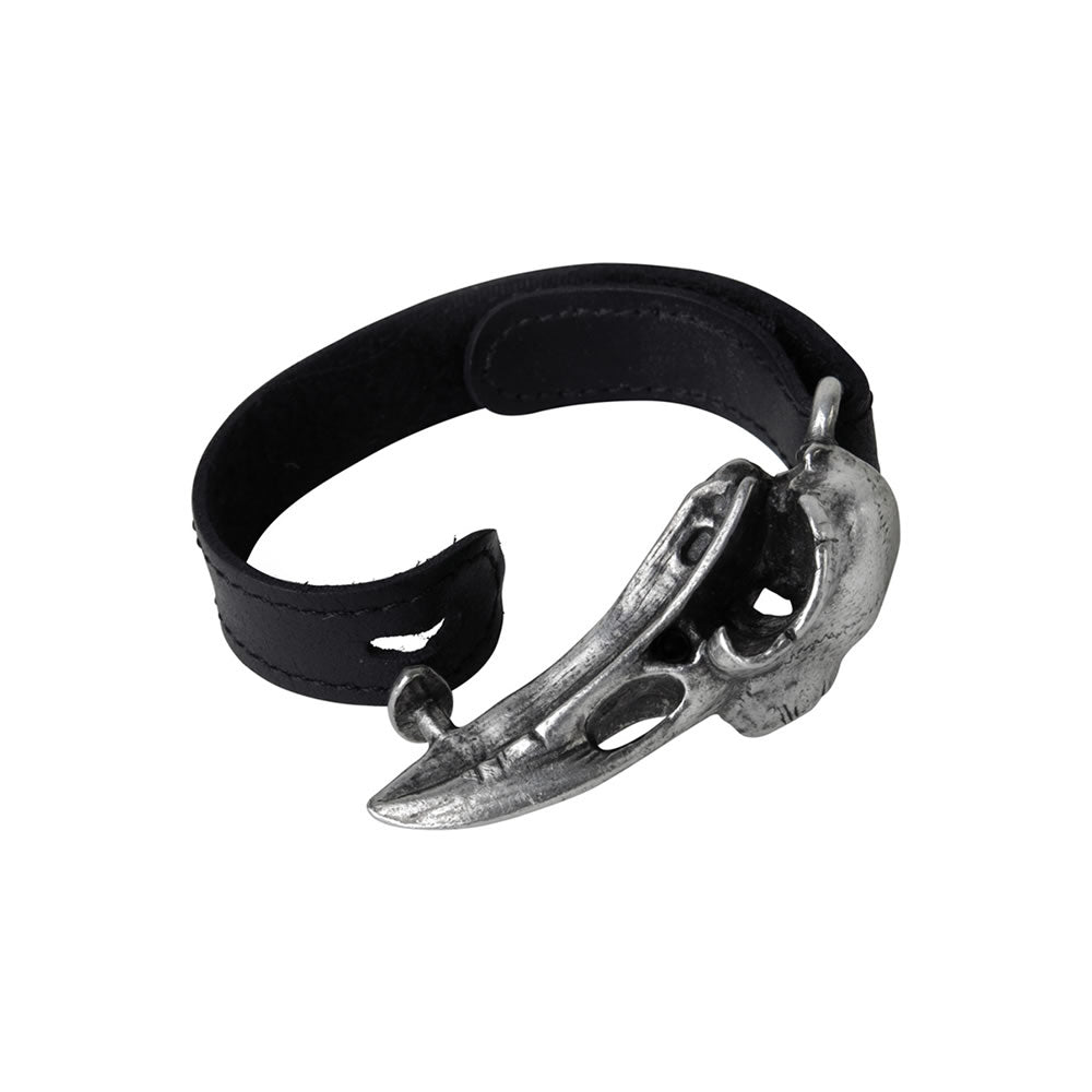 Black leather Wrist Strap with a metal Raven Skull clasp