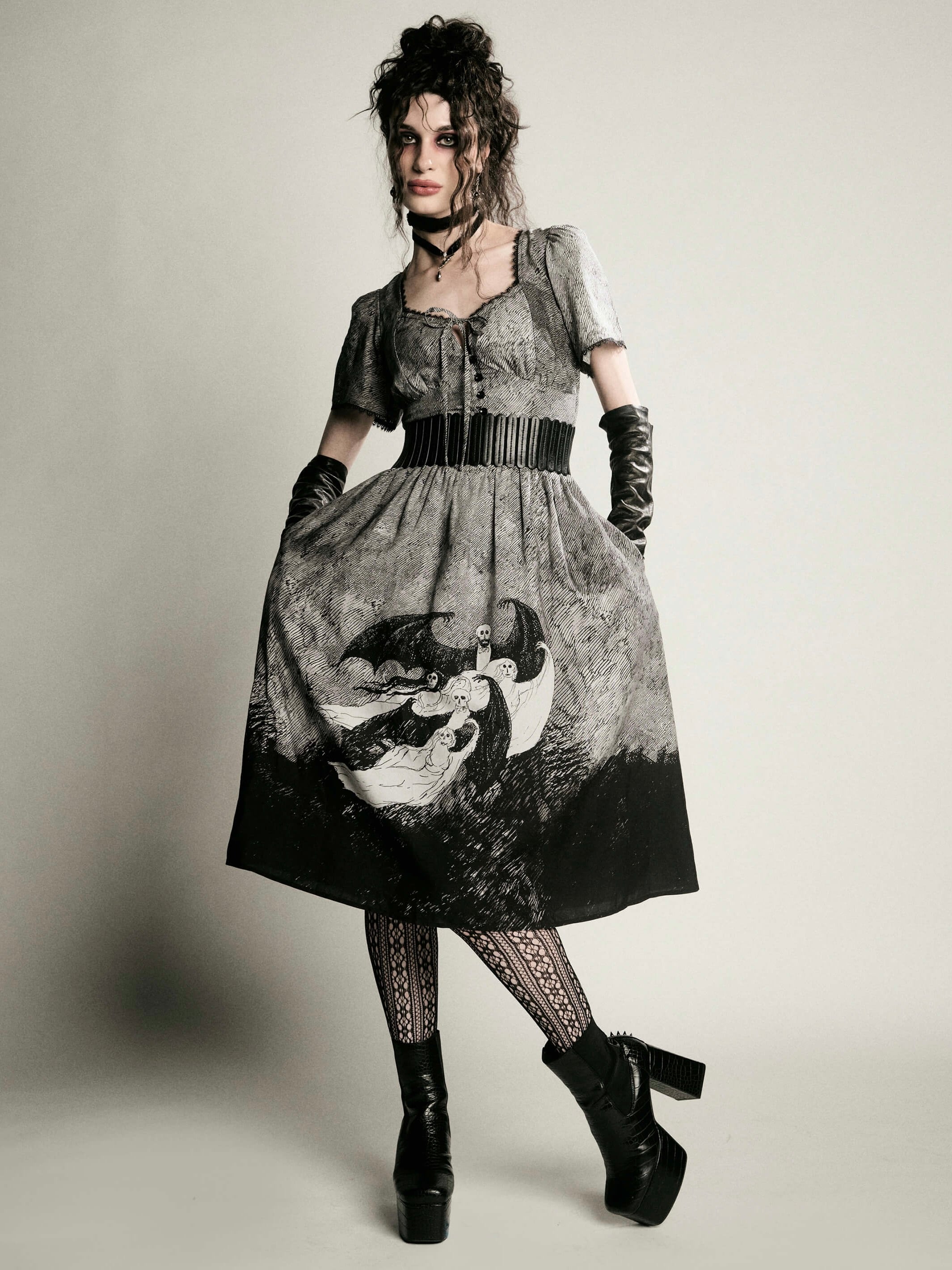 Edward Gorey Vampire Dress by Midnight Hour – Goth Fit & Flare