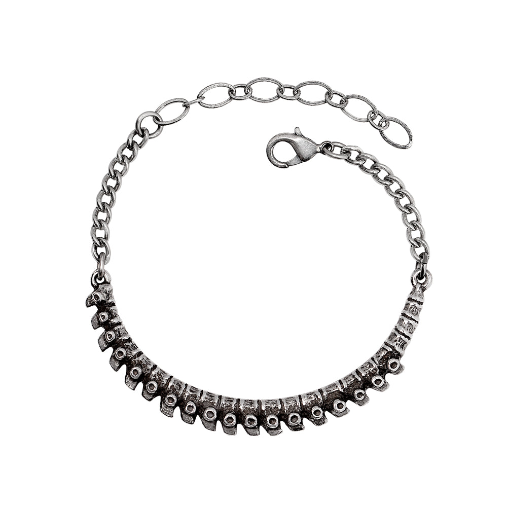 Silver spine inspired bracelet on a white background