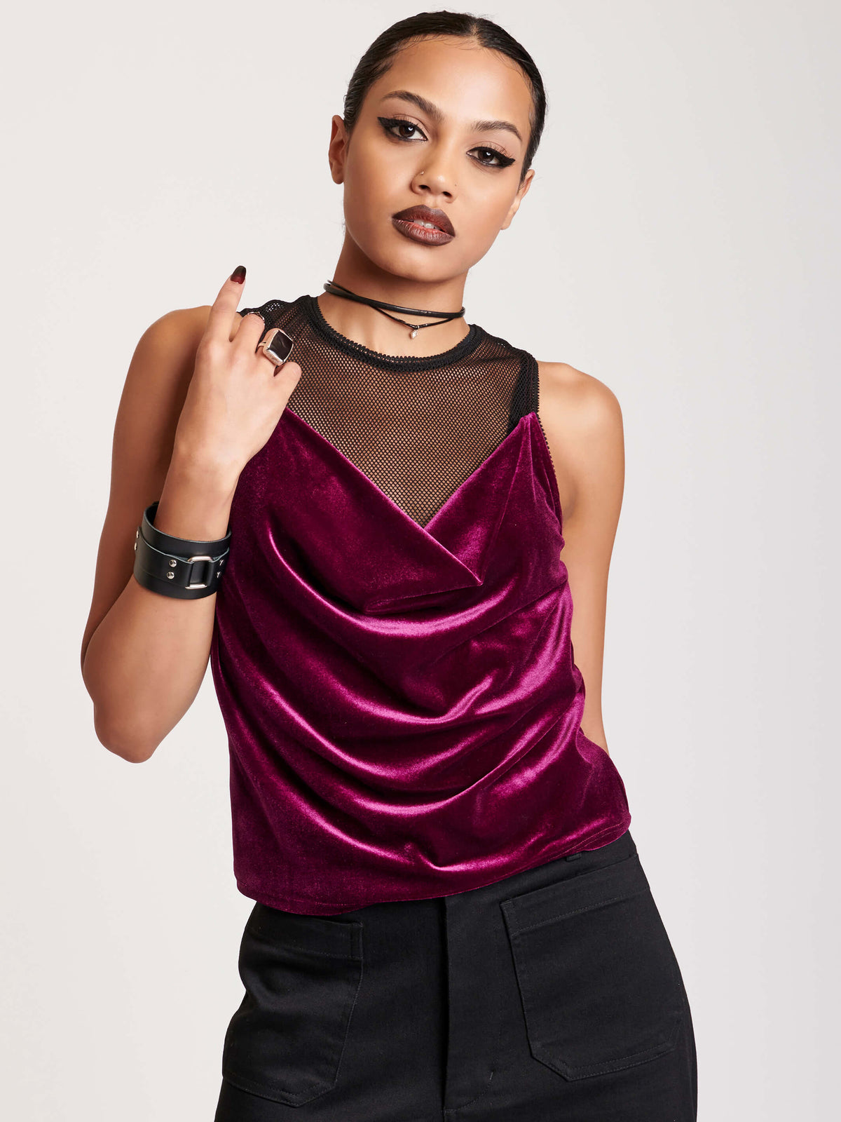 VELVET AND MESH SLEEVLESS TOP WITH COWL 