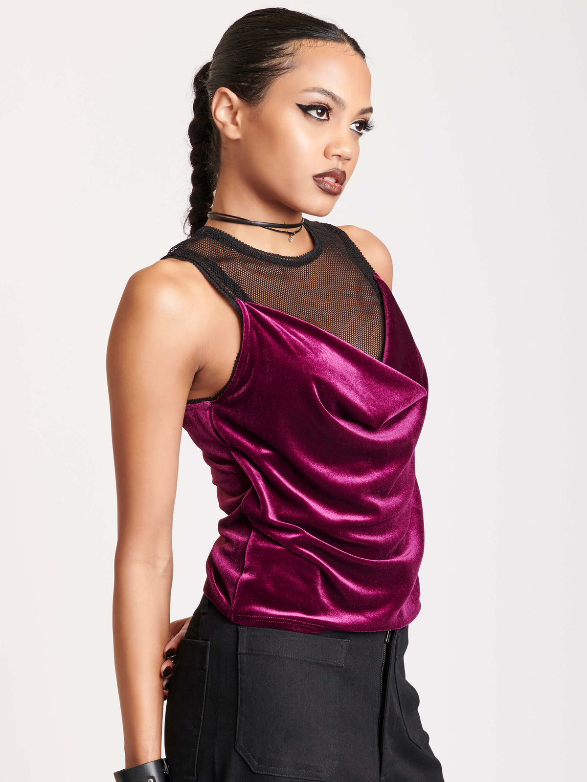 VELVET AND MESH SLEEVLESS TOP WITH COWL 