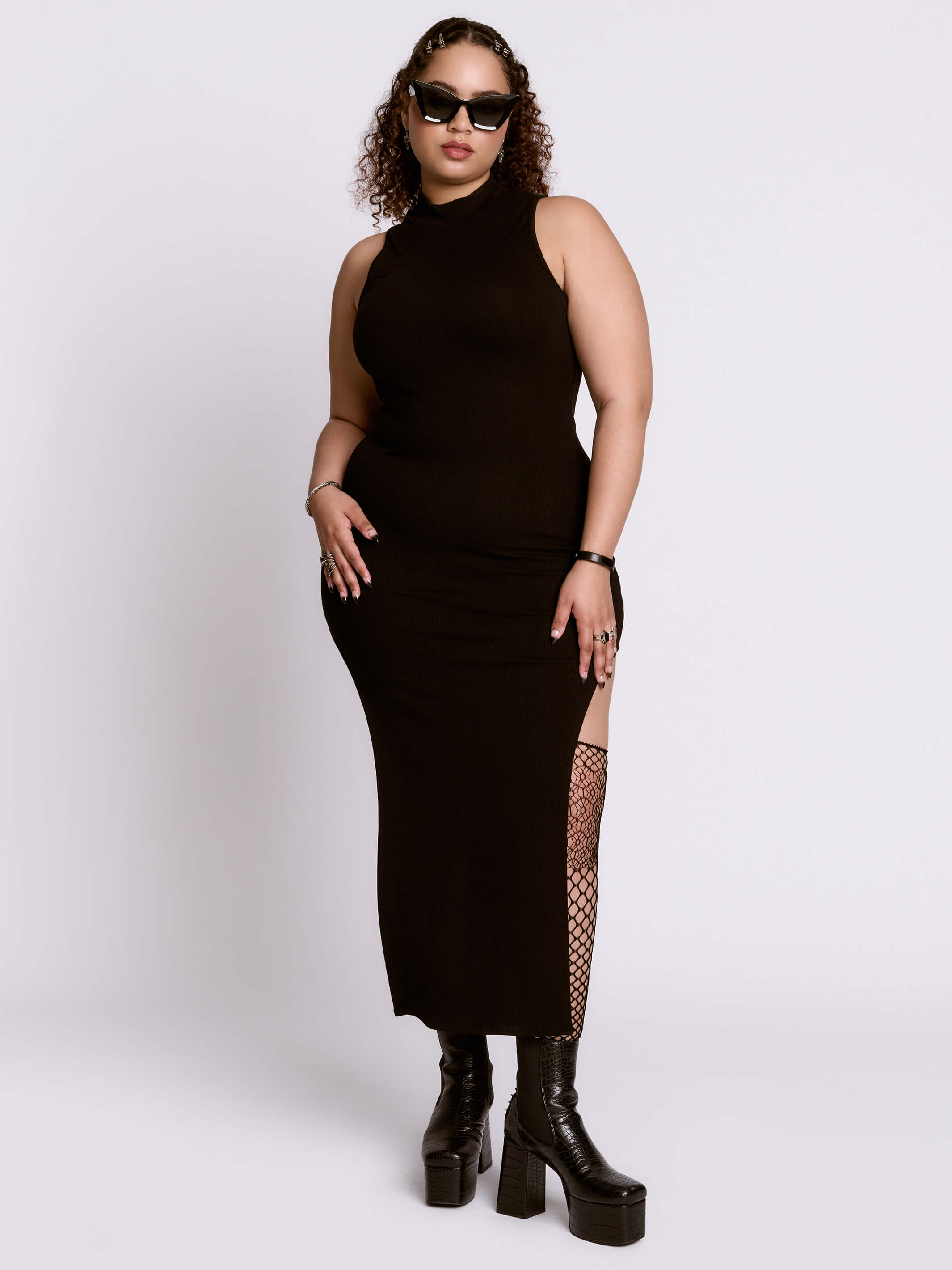 plus size bodycon maxi dress Basic Instinct Dress by Midnight Hour– Black Ribbed Bodycon Maxi with Side Slit