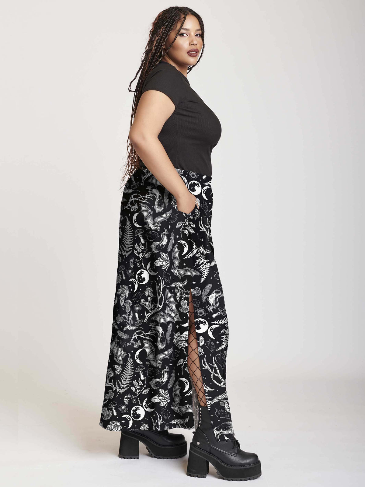 black maxi skirt with all over print