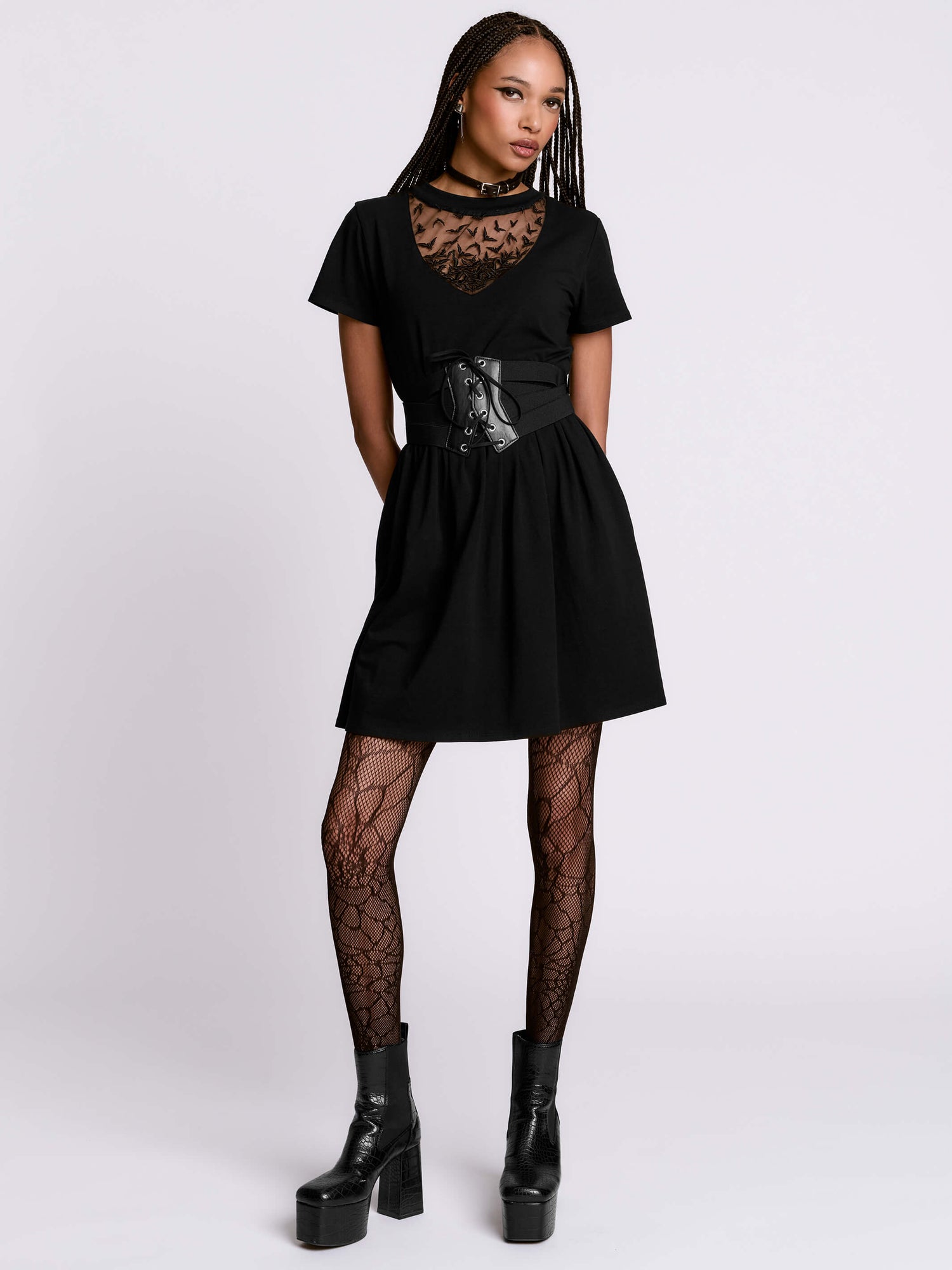 Embroidered Bats Babydoll Dress by Midnight Hour – Black Goth Mini w/ Pockets