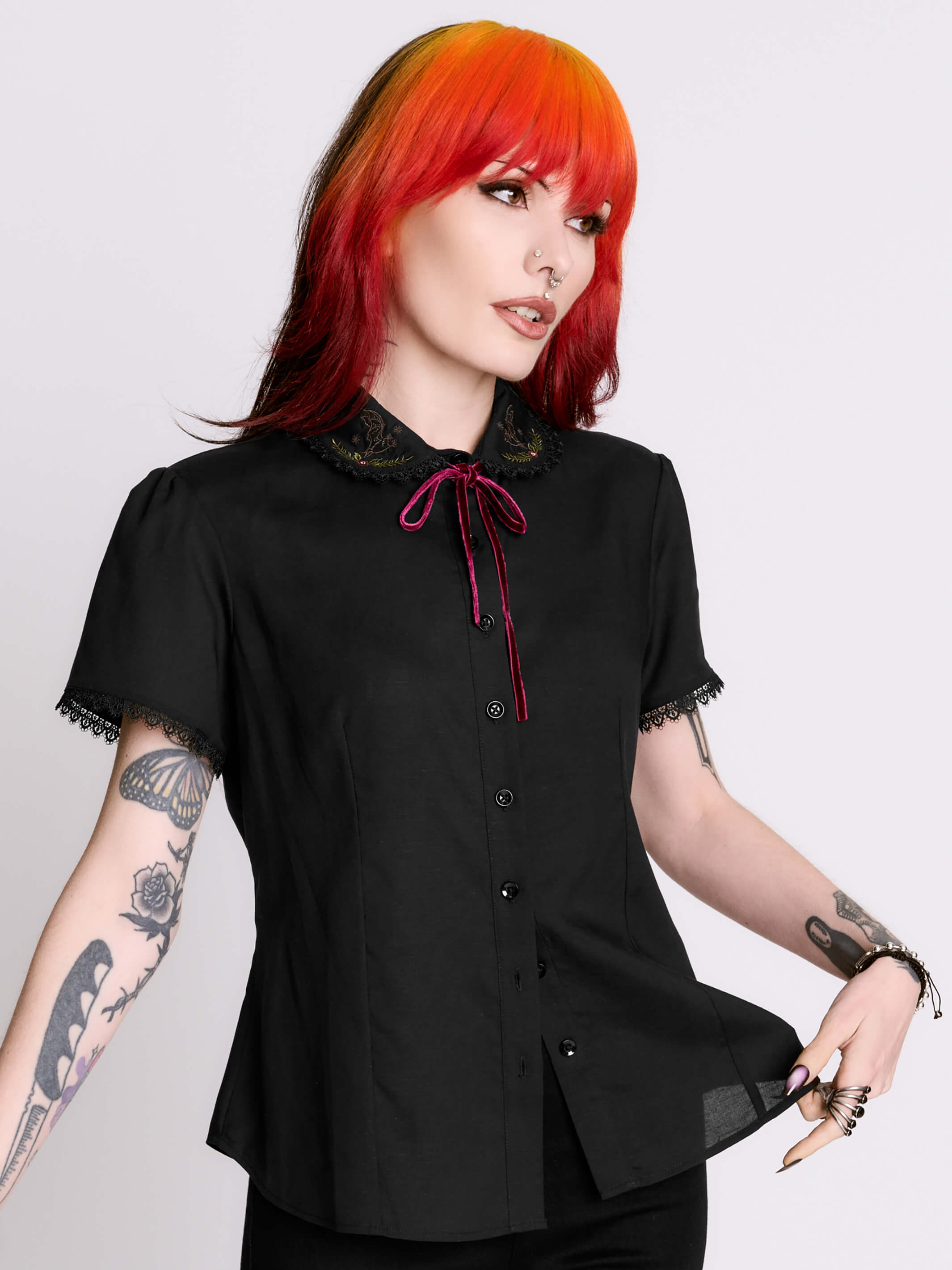 Bats at Work Blouse – Gothic Button-Up w/ Lace Collar & Bow by
