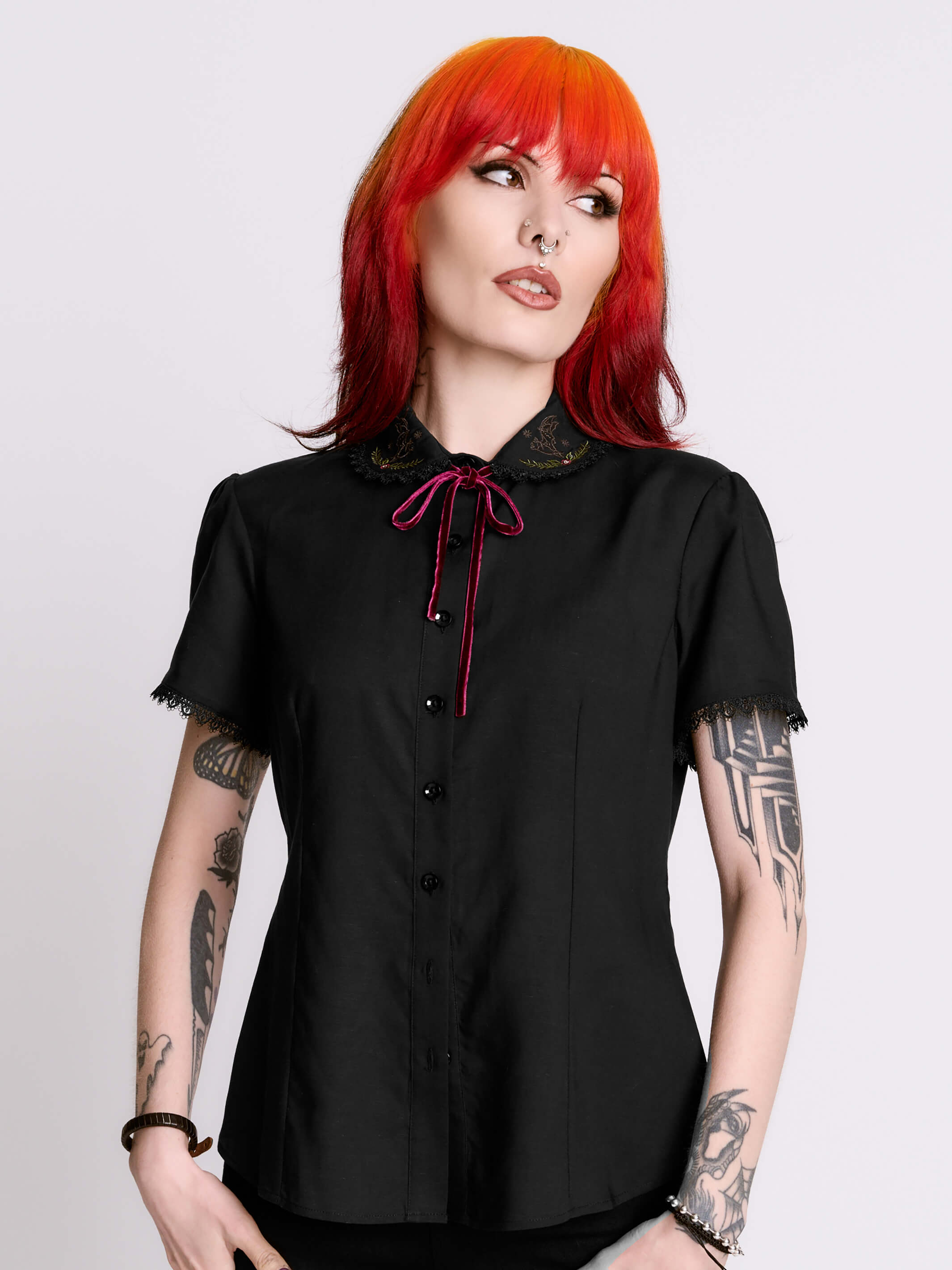 Bats at Work Blouse – Gothic Button-Up w/ Lace Collar & Bow by