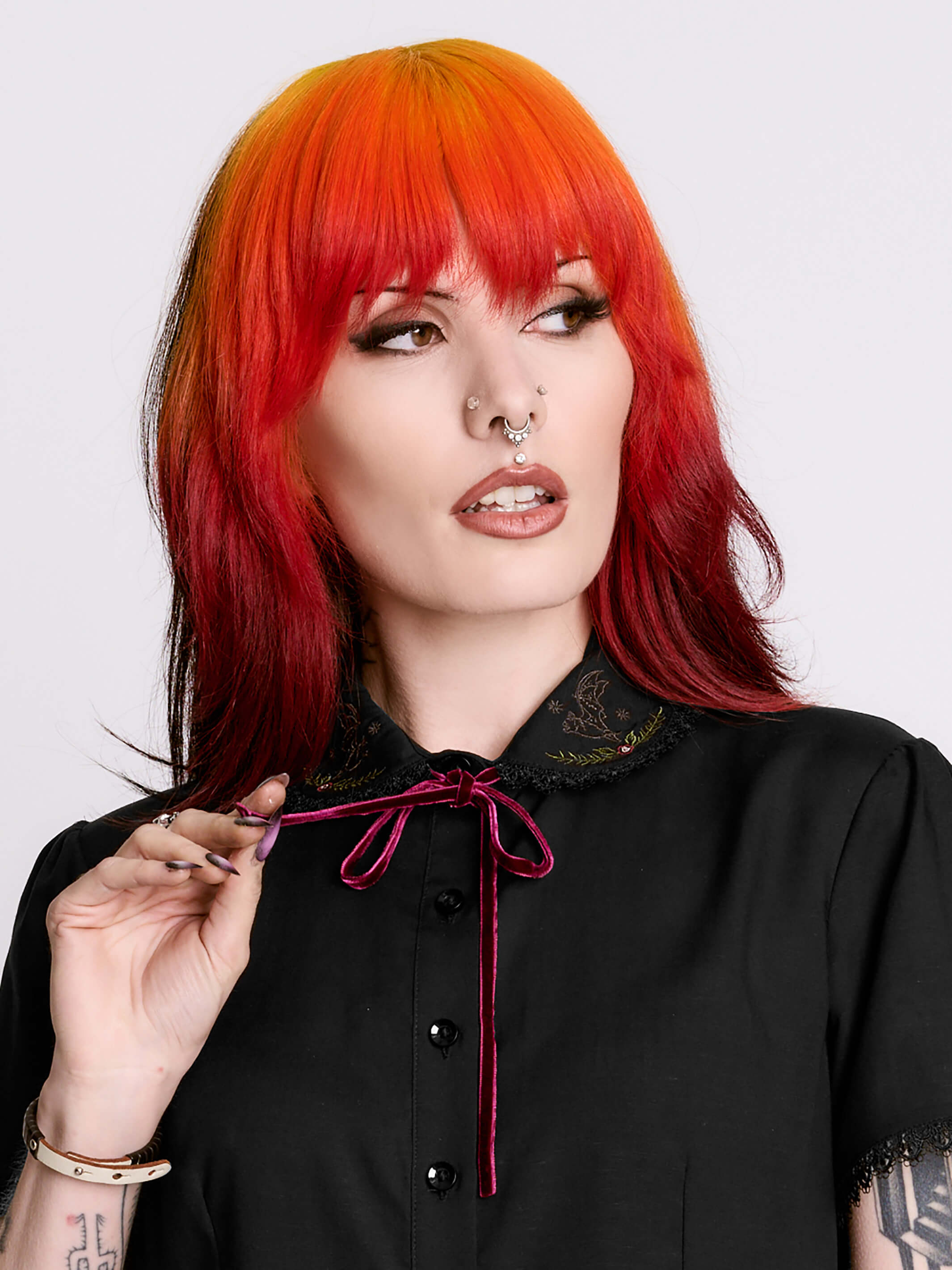 Bats at Work Blouse – Gothic Button-Up w/ Lace Collar & Bow by