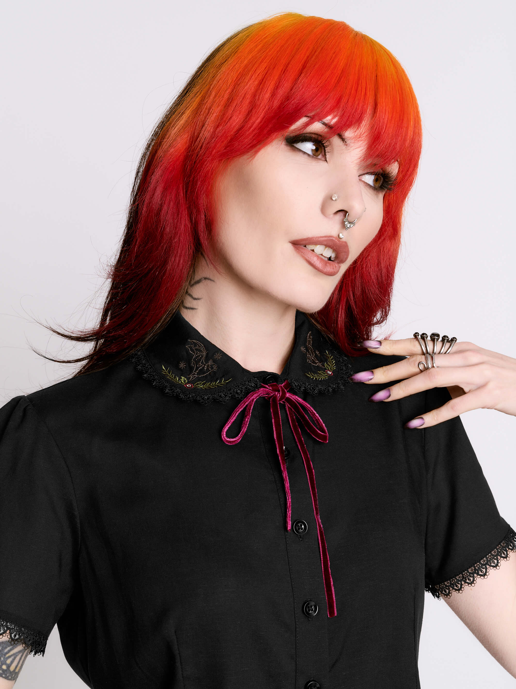 Bats at Work Blouse – Gothic Button-Up w/ Lace Collar & Bow by