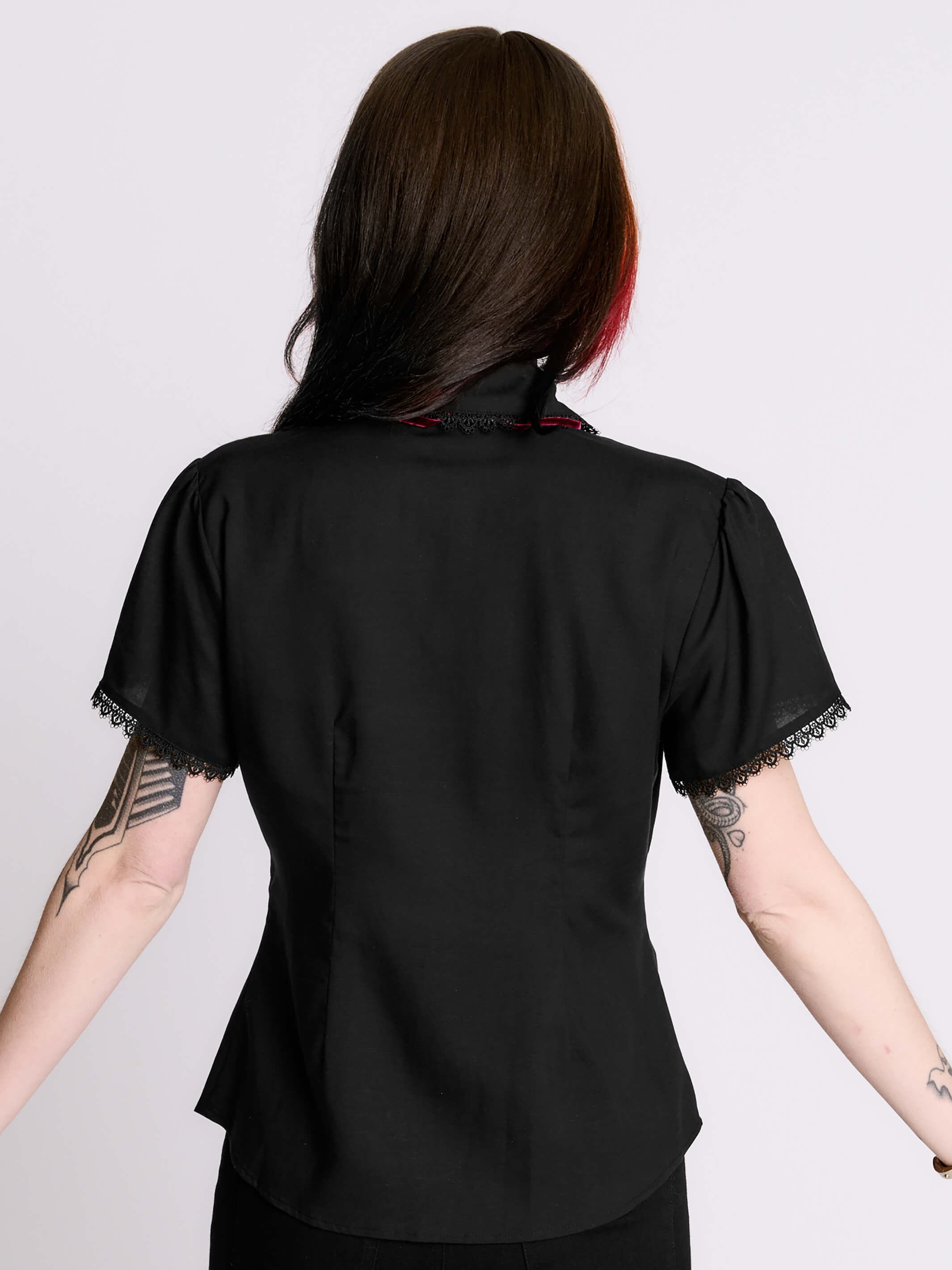 Bats at Work Blouse – Gothic Button-Up w/ Lace Collar & Bow by