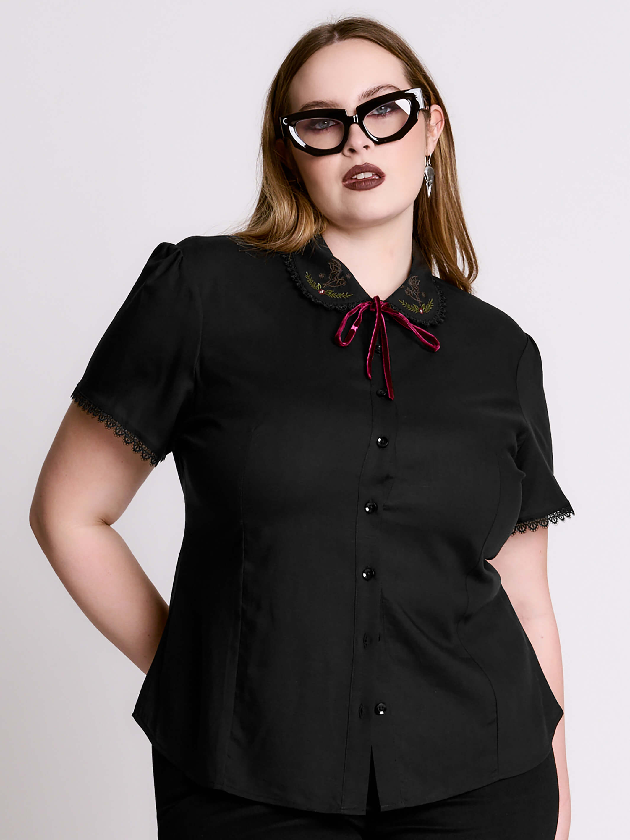Bats at Work Blouse – Gothic Button-Up w/ Lace Collar & Bow by