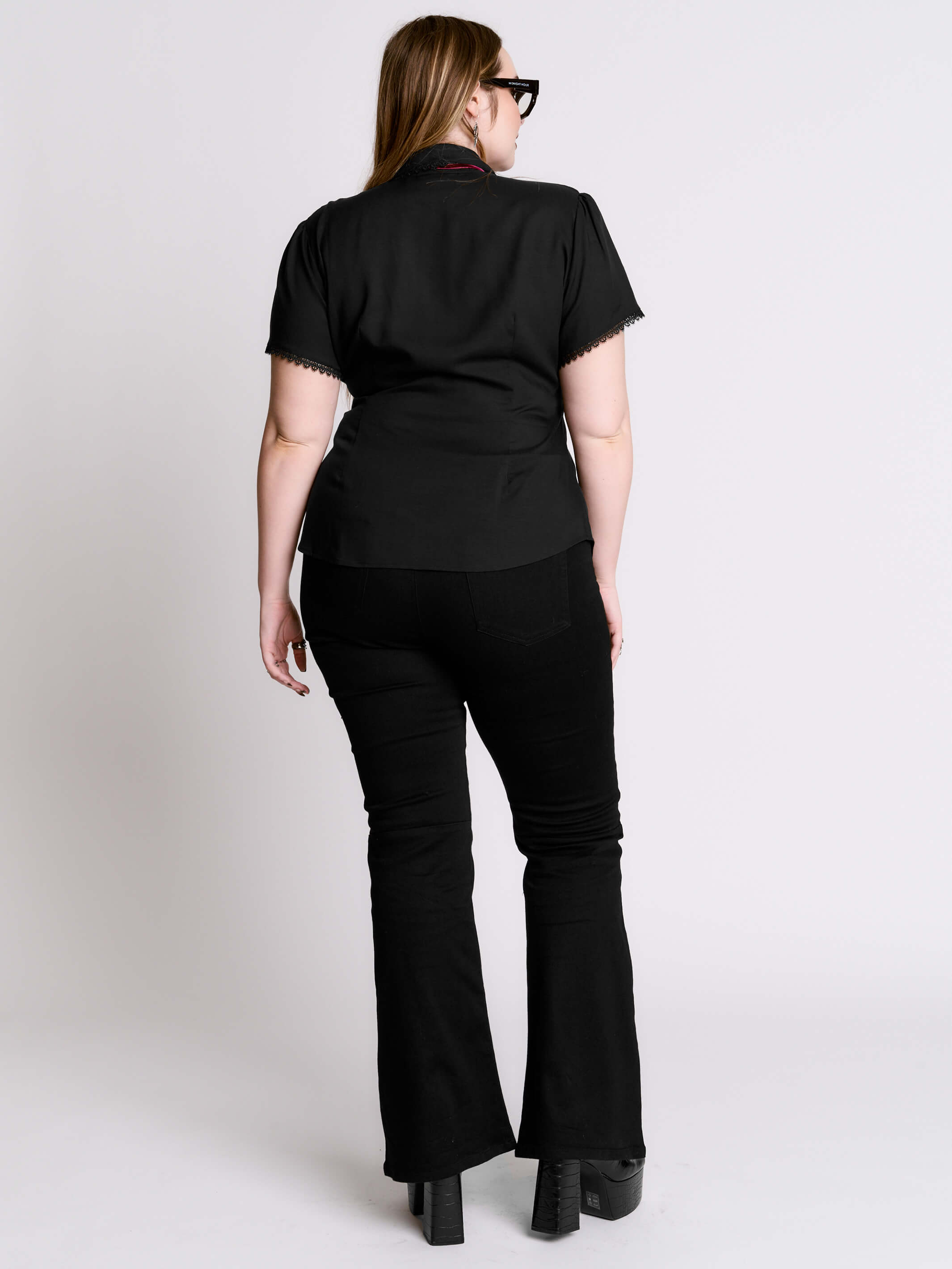 Bats at Work Blouse – Gothic Button-Up w/ Lace Collar & Bow by