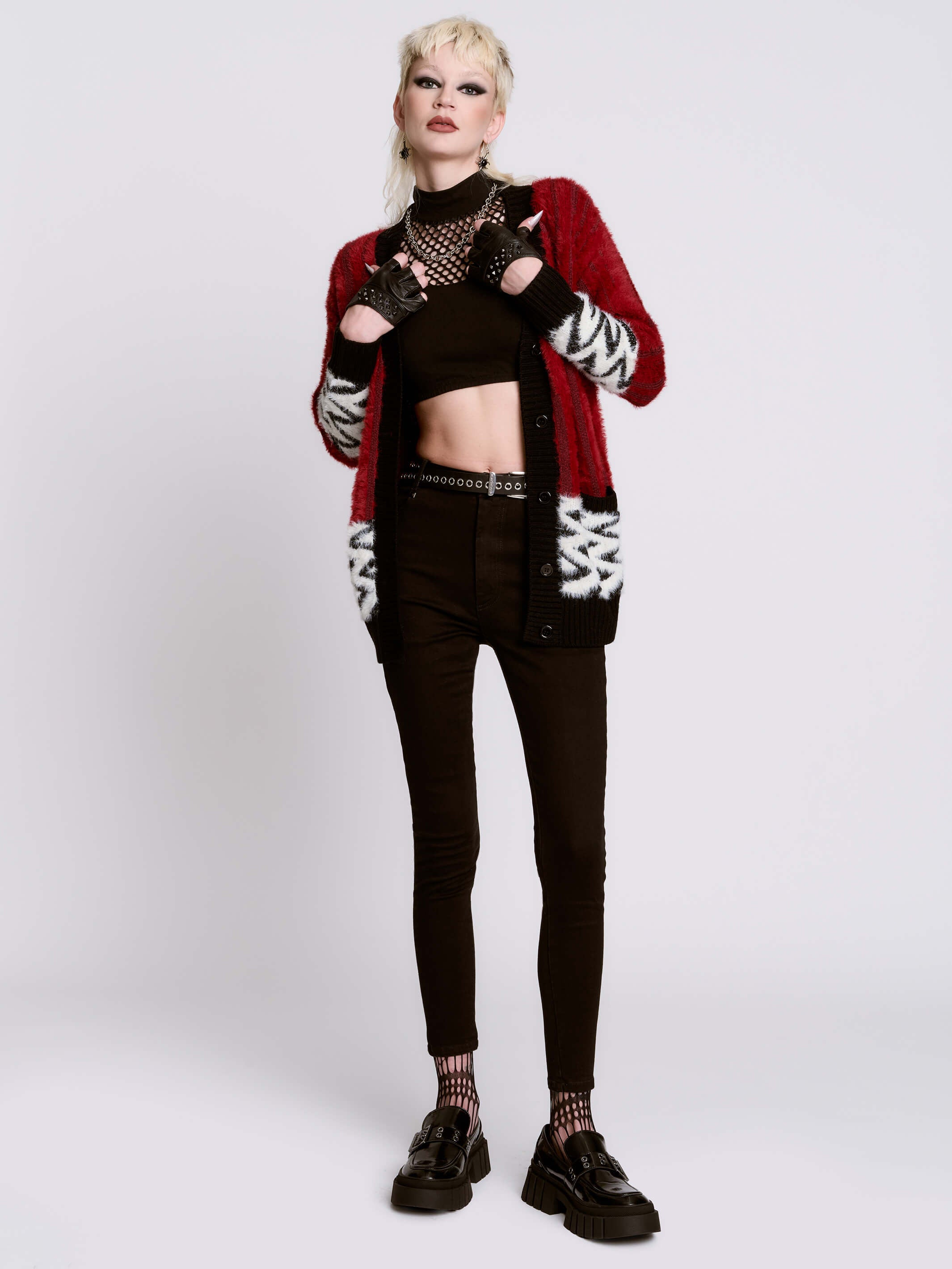 ジャガードブランケット MIDNIGHT OYASUMI CLUB Black Lodge Cardigan | Fuzzy Goth Punk Zigzag Sweater – Midnight Hour