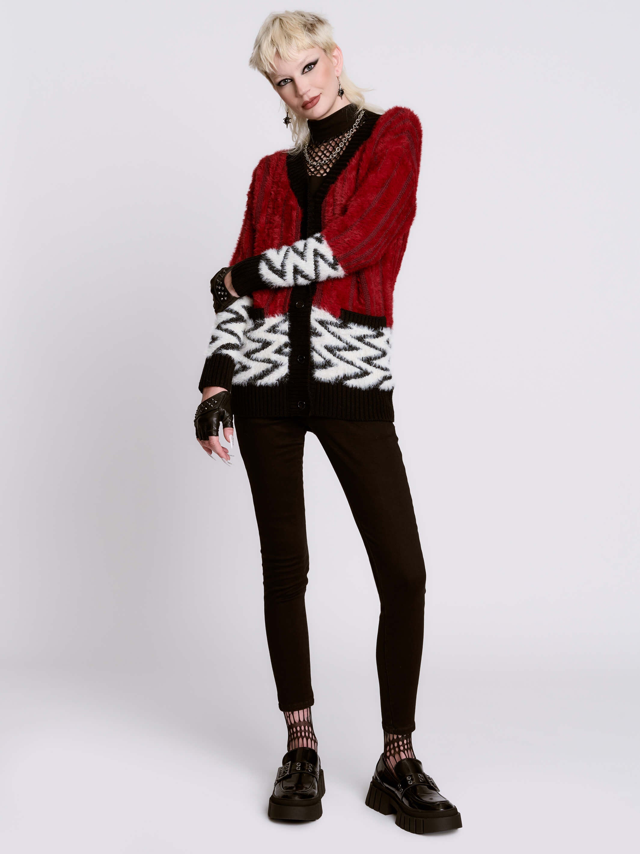 Black Lodge Cardigan | Fuzzy Goth Punk Zigzag Sweater – Midnight Hour