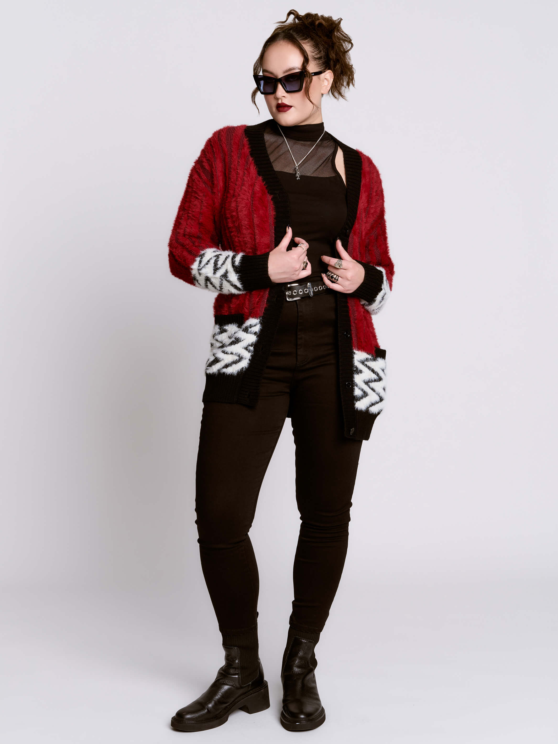 Black Lodge Cardigan | Fuzzy Goth Punk Zigzag Sweater – Midnight Hour