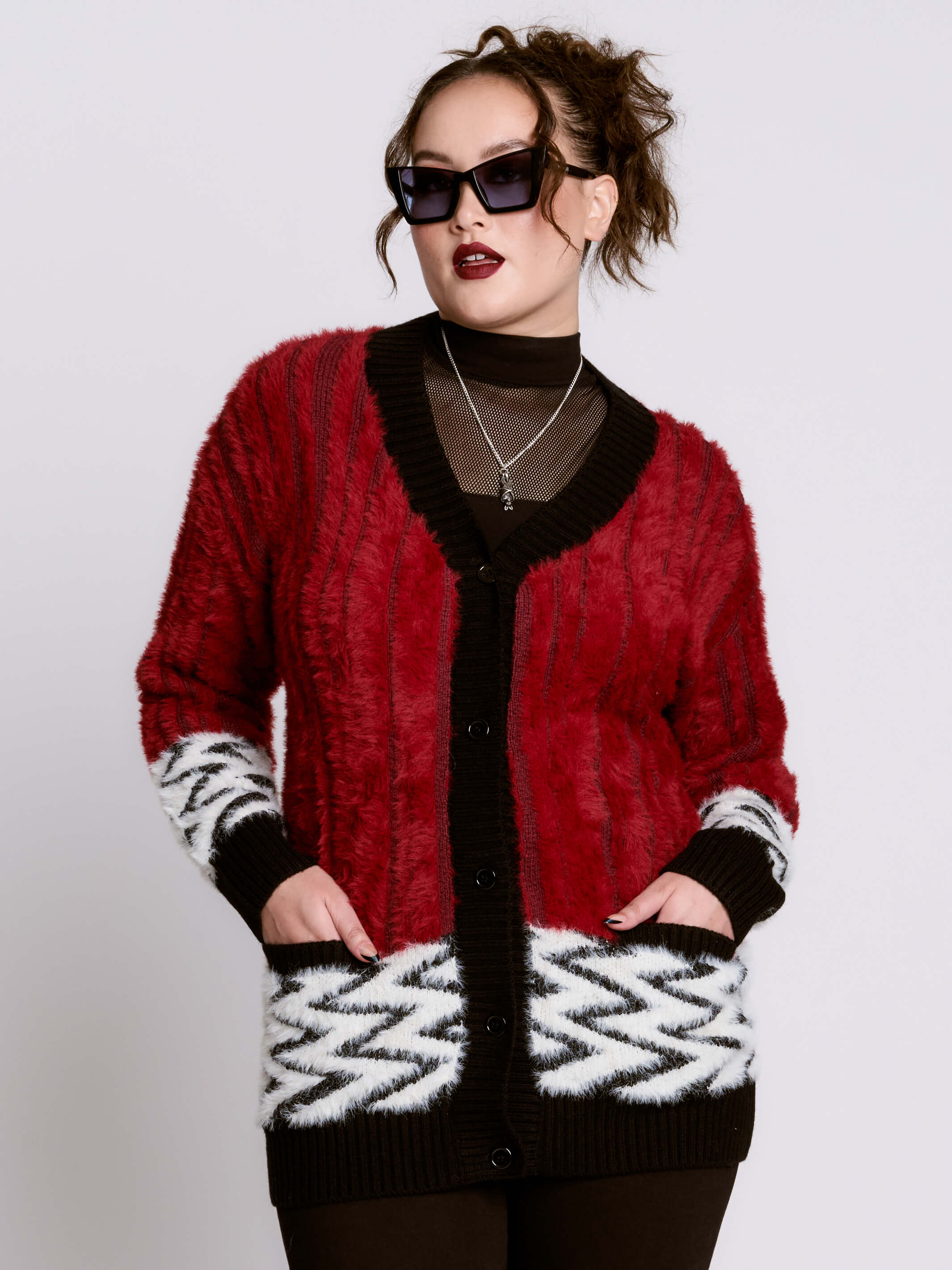 Black Lodge Cardigan | Fuzzy Goth Punk Zigzag Sweater – Midnight Hour