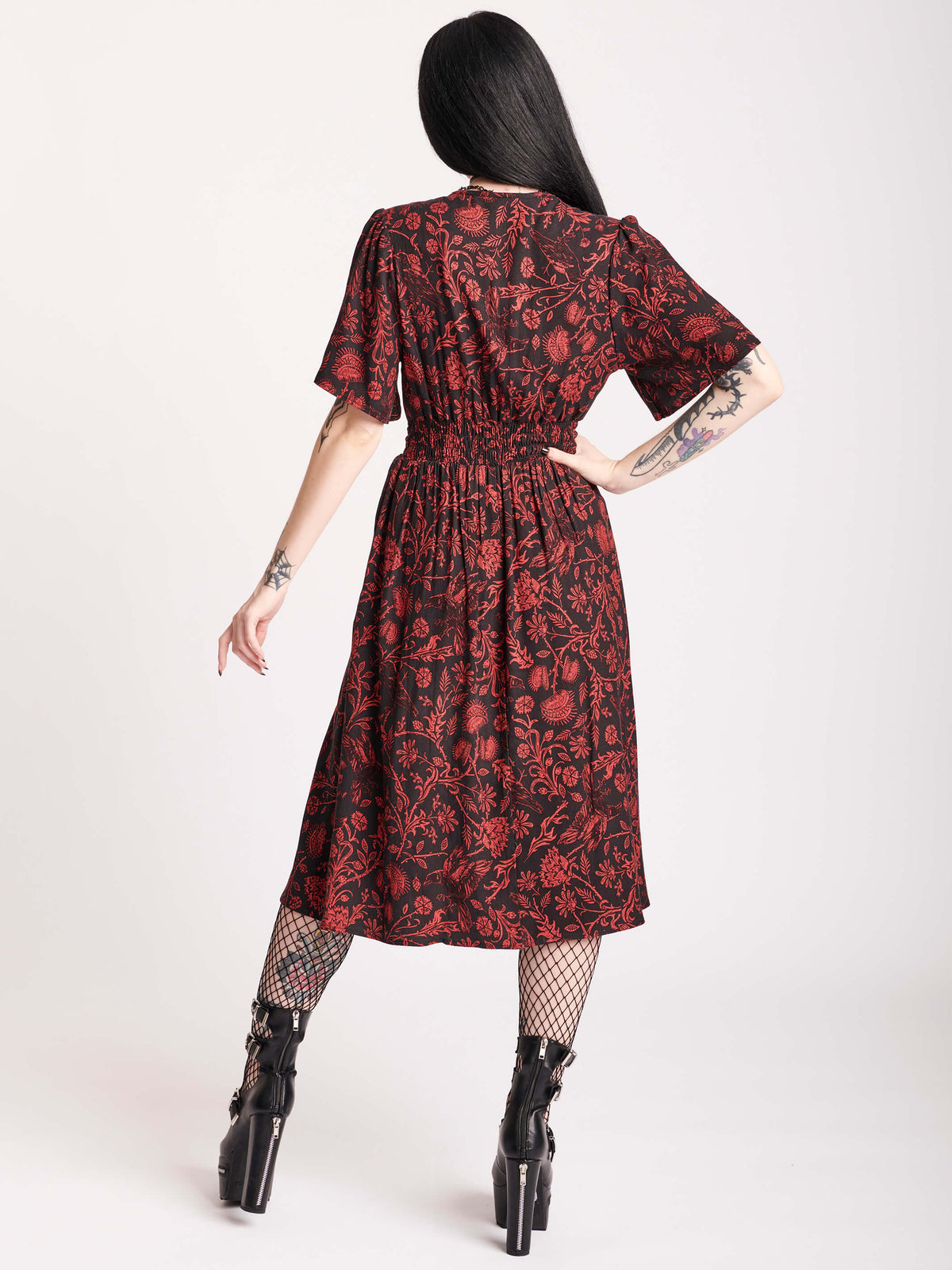 red and black print midi dress