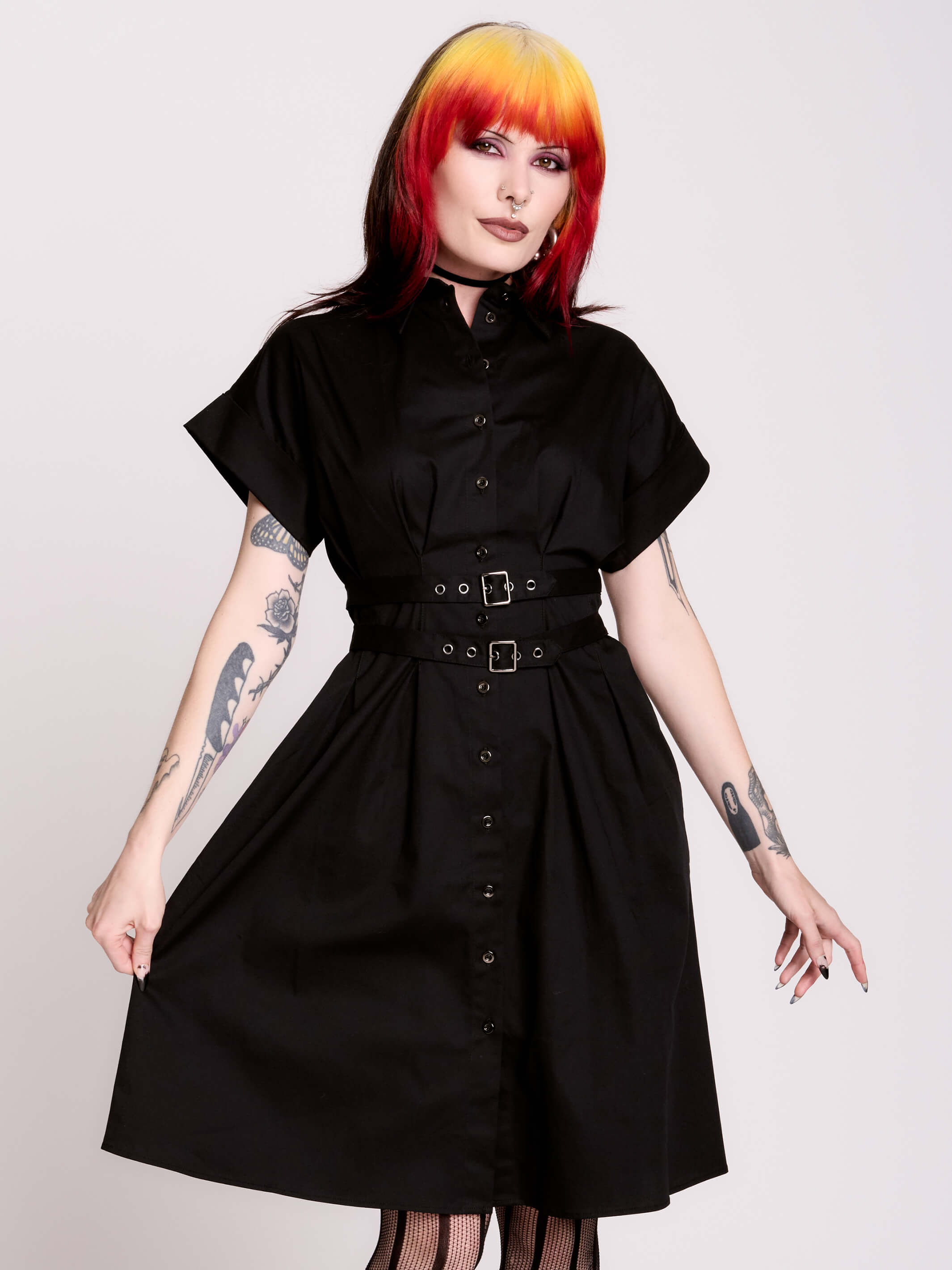 Buckle Midi Dress Black Button-Front Corporate Goth Midi Dress by Midnight Hour Midnight Hour Buckle Midi Dress Black Button-Front Corporate Goth Midi Dress by Midnight Hour Midnight Hour