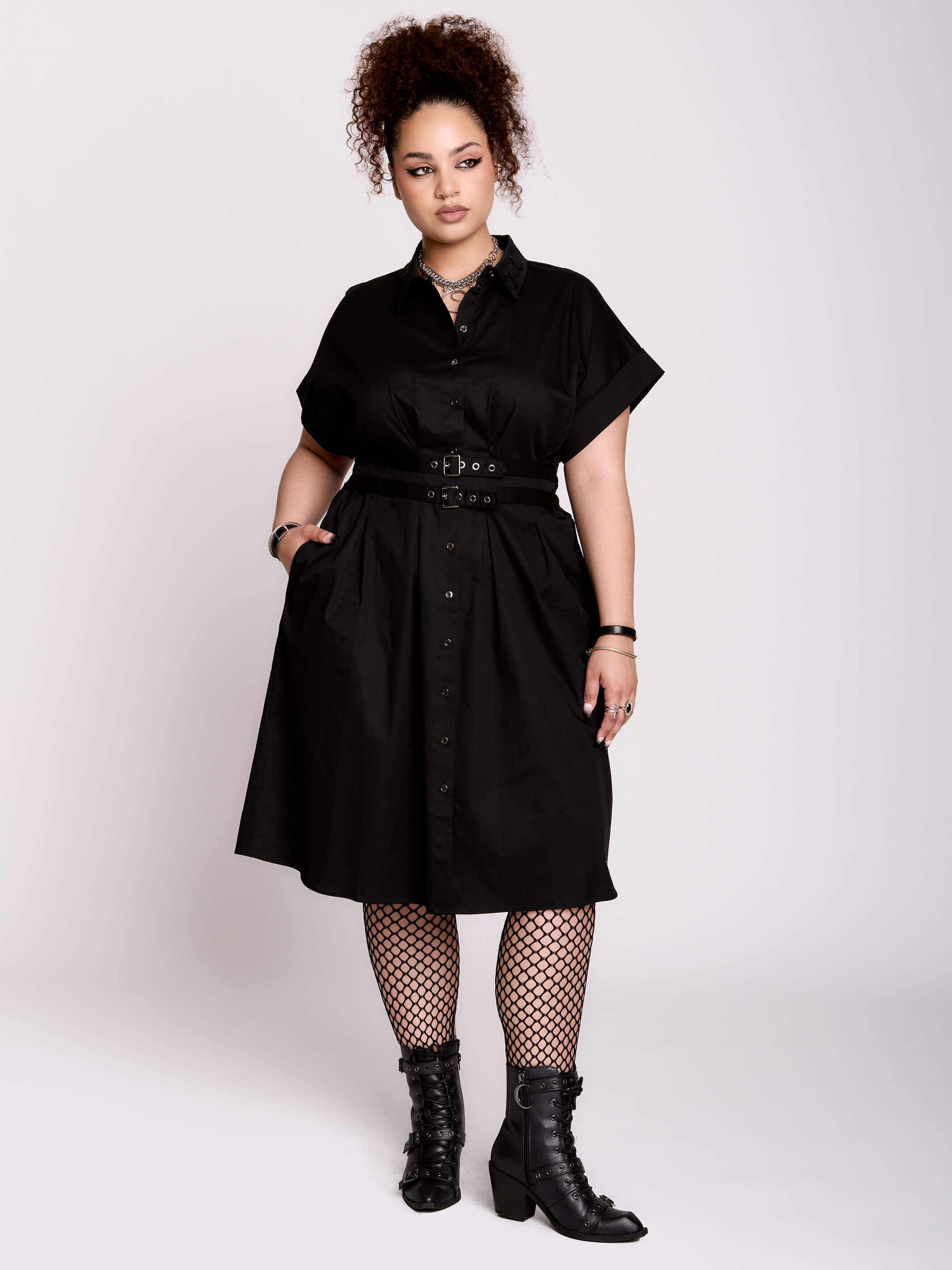 Buckle Midi Dress – Black Button-Front Shirt Dress w/ Pockets by Midnight Hour 3XL / Black Buckle Midi Dress – Black Button-Front Shirt Dress w/ Pockets by Midnight Hour 3XL / Black