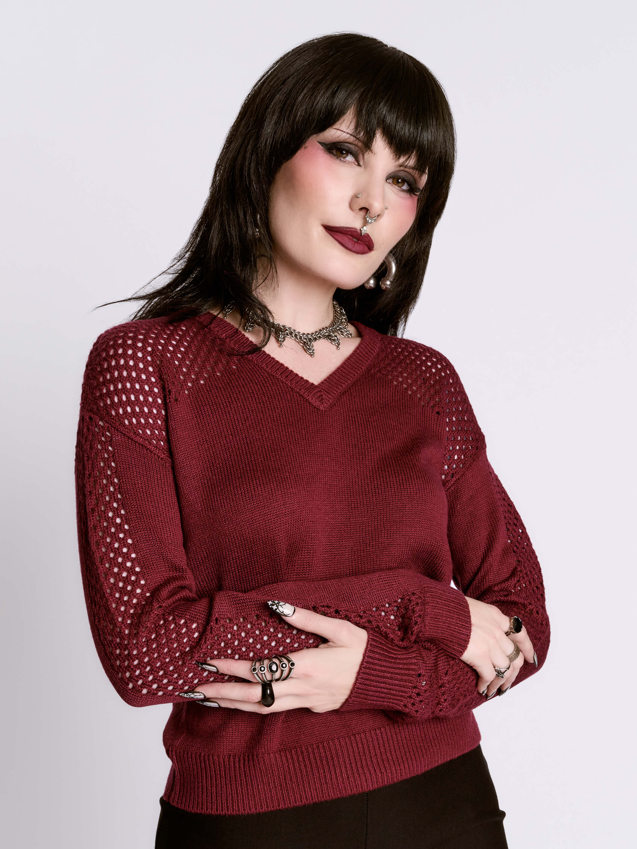 Oxblood Fishnet Sweater – Lightweight Goth Knit Pullover by