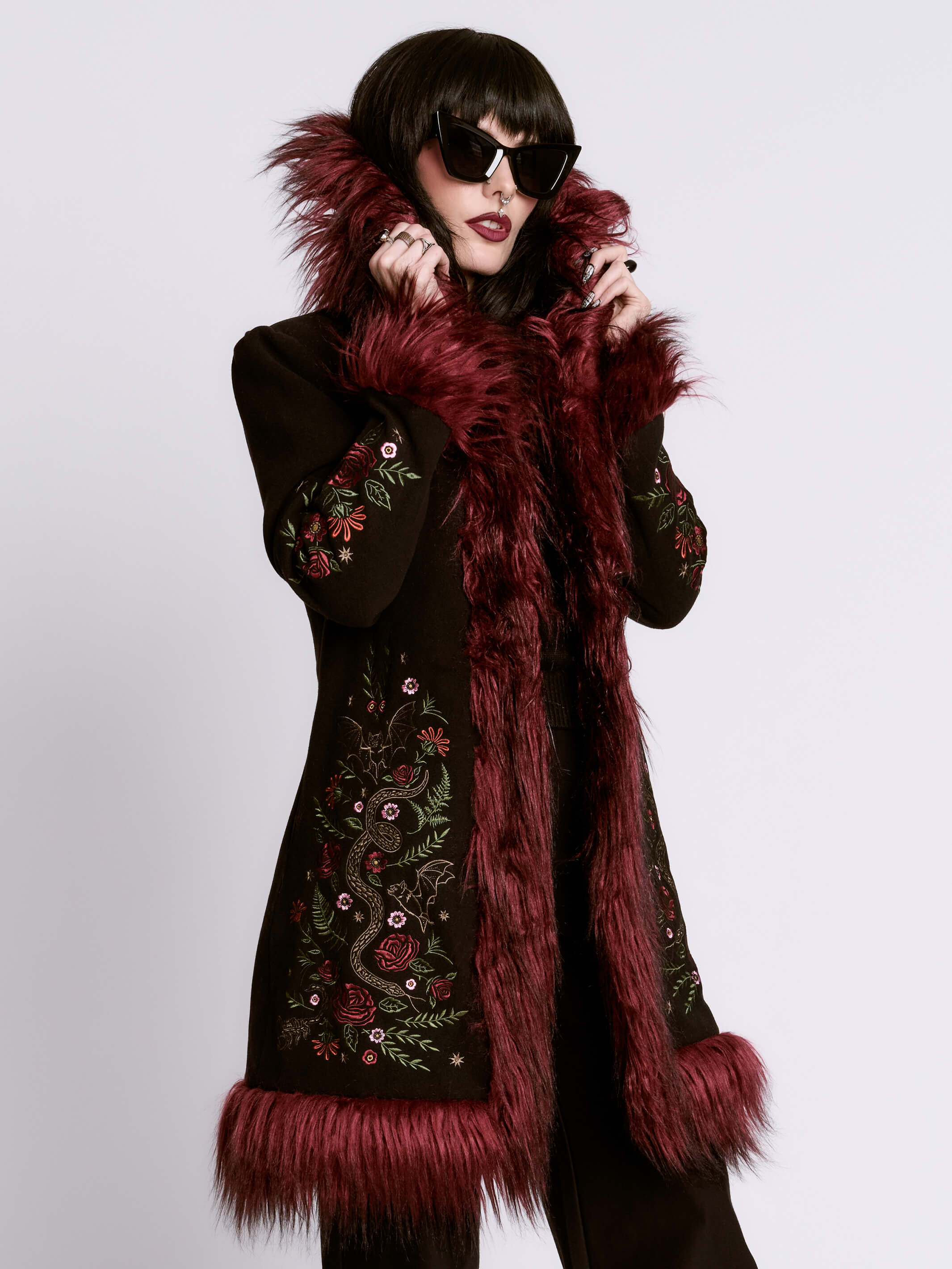 Oxblood Botanical Fur Trim Coat – Midnight Hour