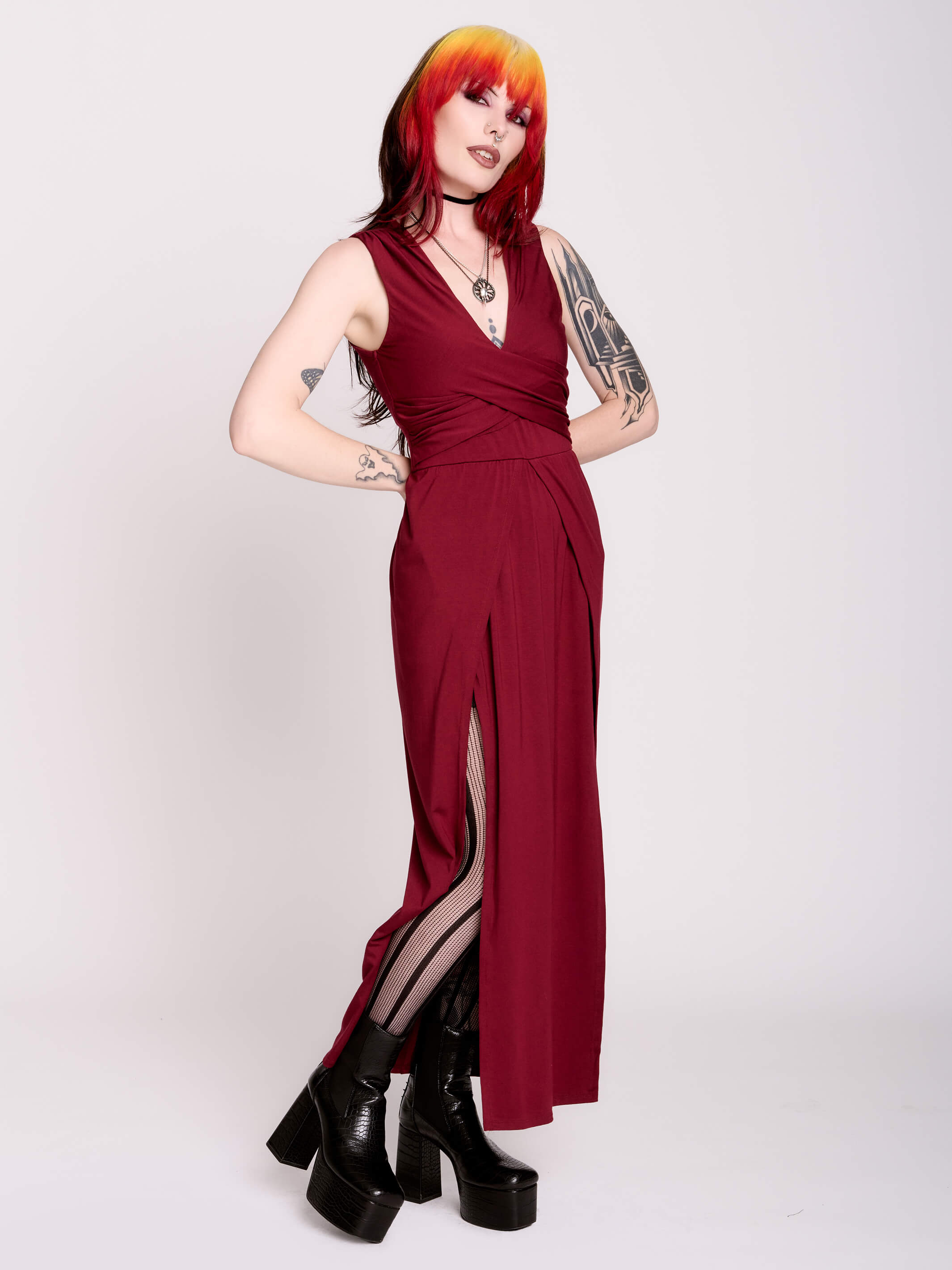 burgundy twist front dress