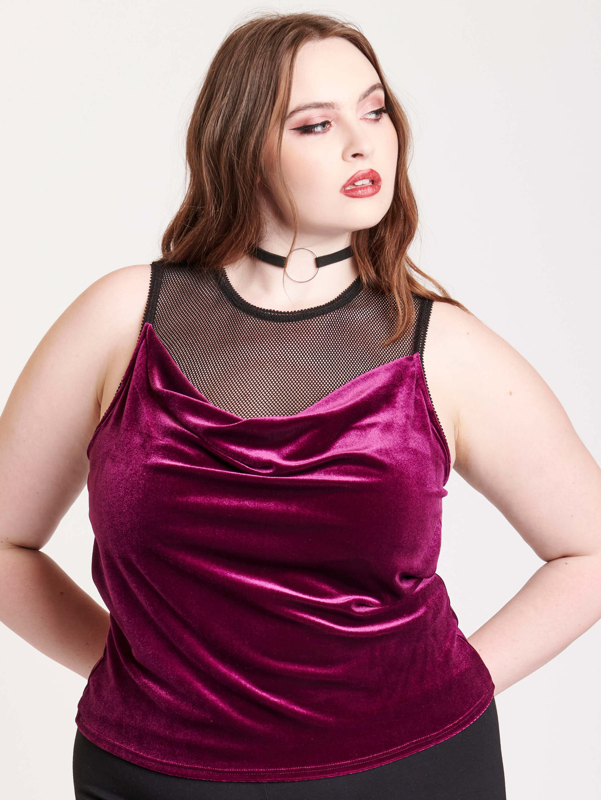 VELVET AND MESH SLEEVLESS TOP WITH COWL