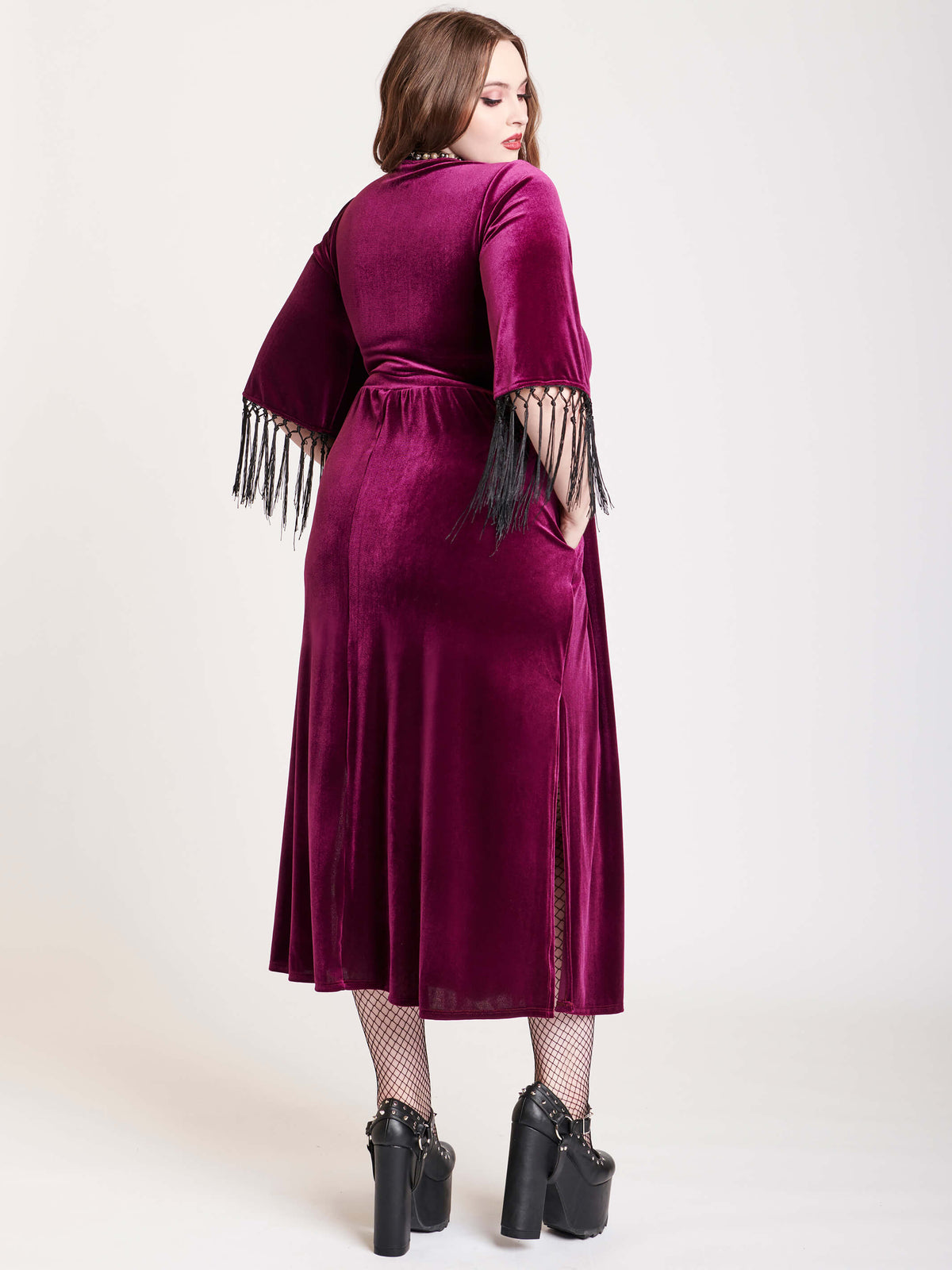 burgundy velvet dress with fringe at cleeve hem