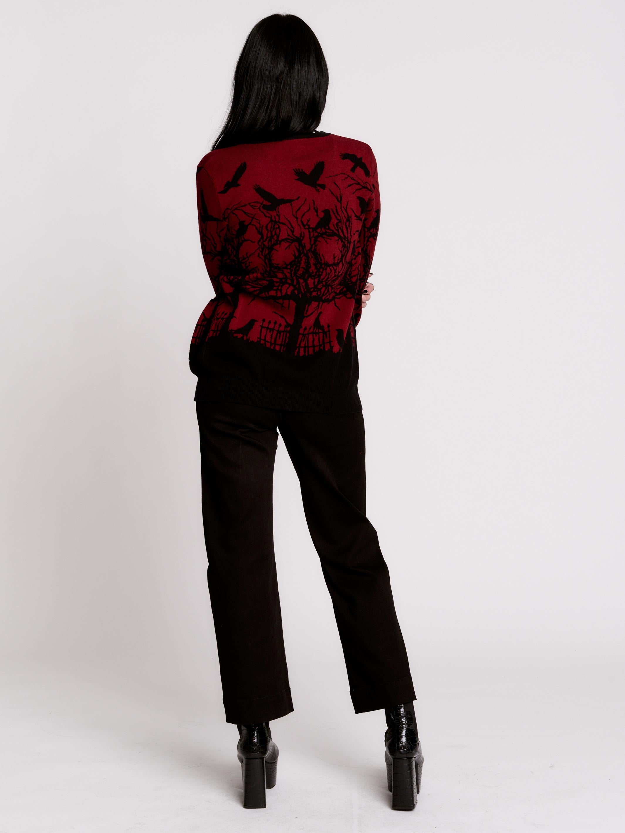 Gothic Crow Cardigan - Cotton Button-Up in Black & Red – Midnight Hour