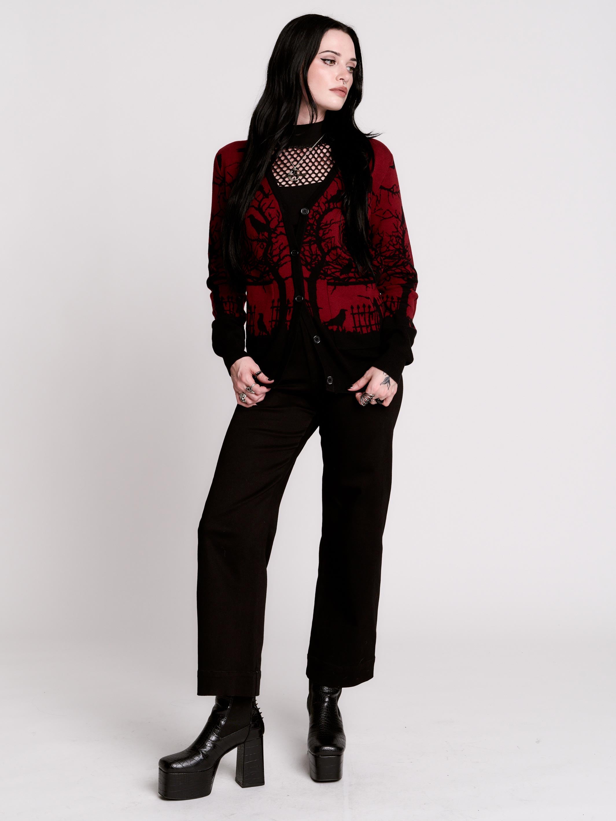 Gothic Crow Cardigan - Cotton Button-Up in Black & Red – Midnight Hour